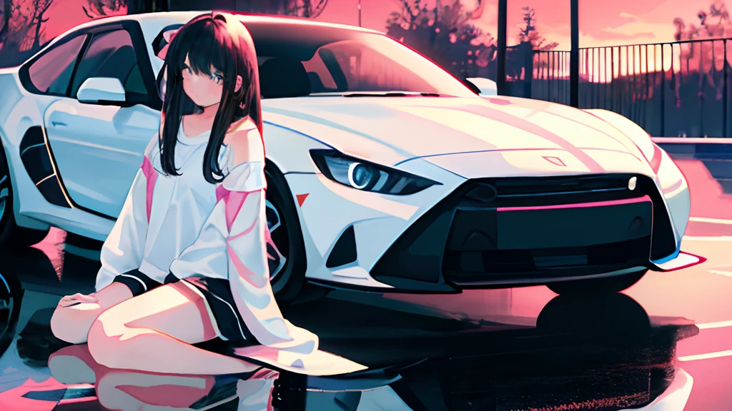 （（tmasterpiece，best qualtiy））， （（1girll））， （1girll：1）， [The Car]， 独奏， sitted ， Sideburns， Water-colored eyes， By bangs， hair between eye， looking at viewert， longer sleeves， brightly， Beautiful Details Sky， optic， [motorvehicle]，[groundvehicle]， Sports cars， White shirt，  long whitr hair， Black color hair， Beautiful thighs，pink panty， blackfootwear， Vehicle focus，