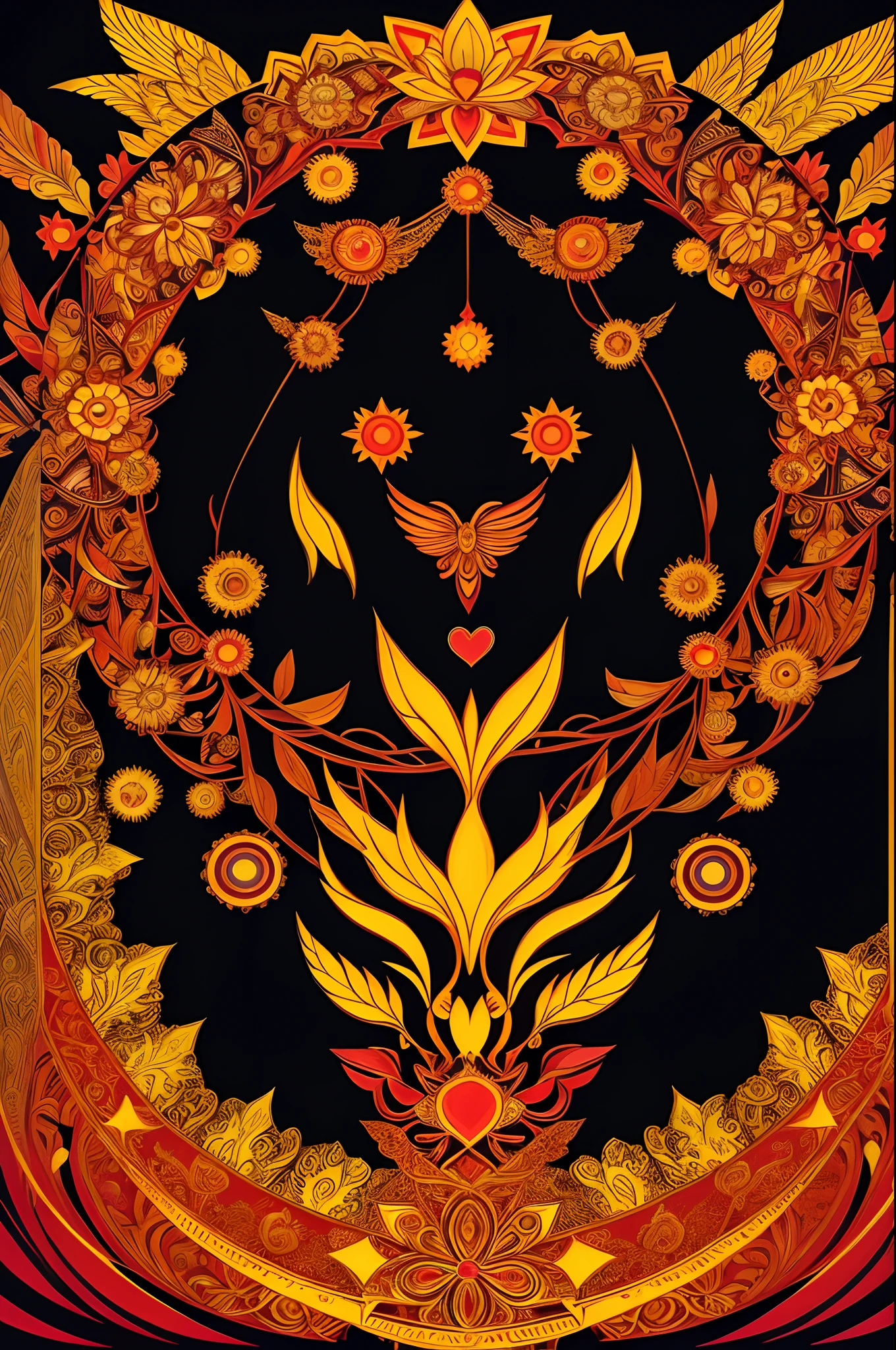 there are two different designs of hearts on a yellow and red background, symmetrical digital illustration, symmetrical artwork, symmetrical illustration, andrei riabovitchev symmetrical, dmt background, googie motifs, warm color scheme art rendition, symmetry illustration, symmetrical duality, symmetrical artwork. cinematic, symmetrical tarot illustration, symmetrical!, stereogram