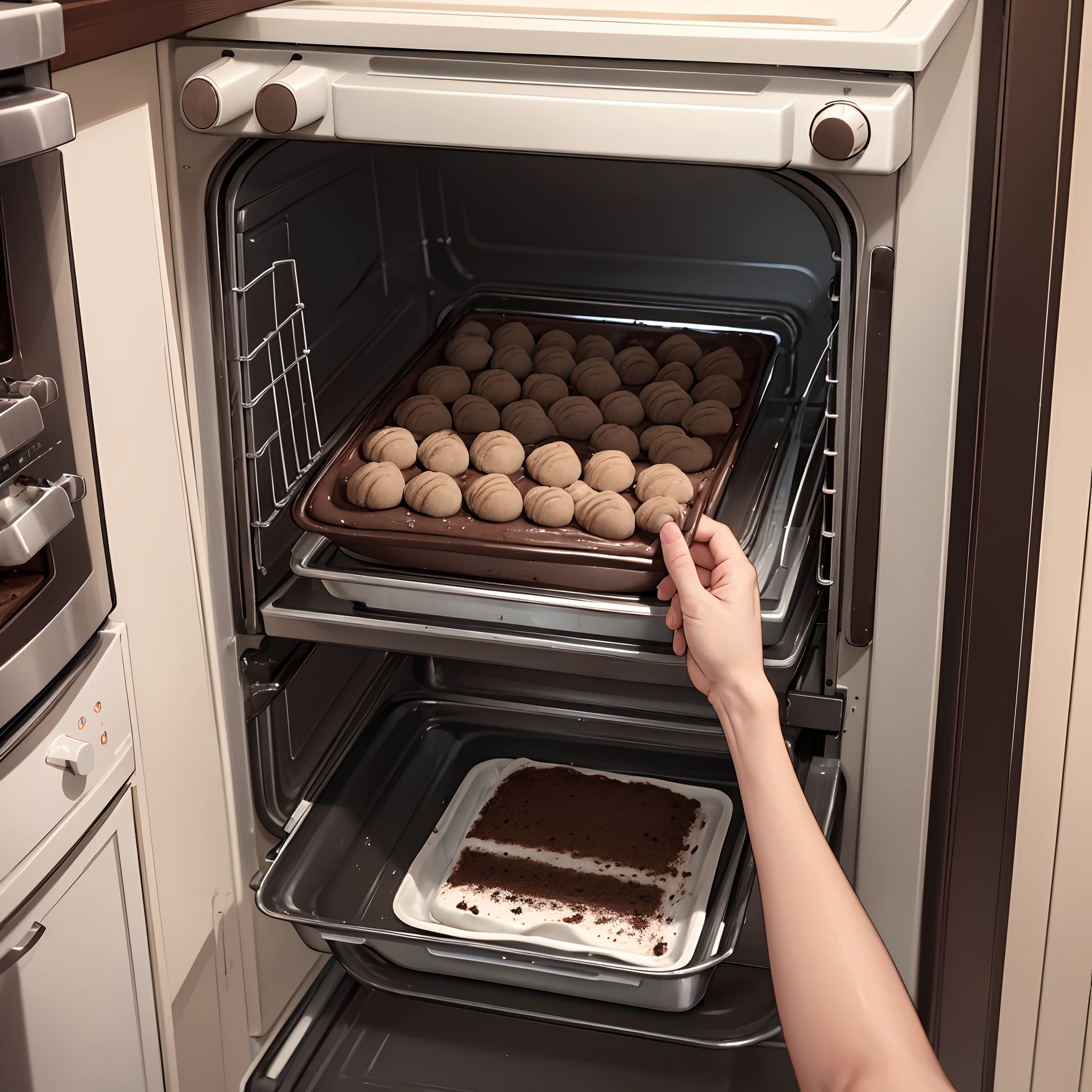 best quality, professional baker, looking into the oven, baking a chocolate cake, (shot from inside the oven), soft tones, clean lines, perfect illustration