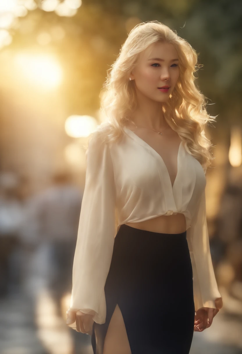 top-quality、Photorealsitic、8K、hight resolution、1girl in、femele、(Skindentation)、medium breasts、(profetional lighting、bokeh dof)、(street)、(a person、crowd:0.6)、rinka、(natta:1.2)、(blonde hair:2.0)、(blouse:1.5)、(Portate:0.6)、a gorgeous、Bloom、(Floating hair)、(light particules、lensflare、Luminous particles:0.6)、(dynamicposes:1.2)、Soft lighting