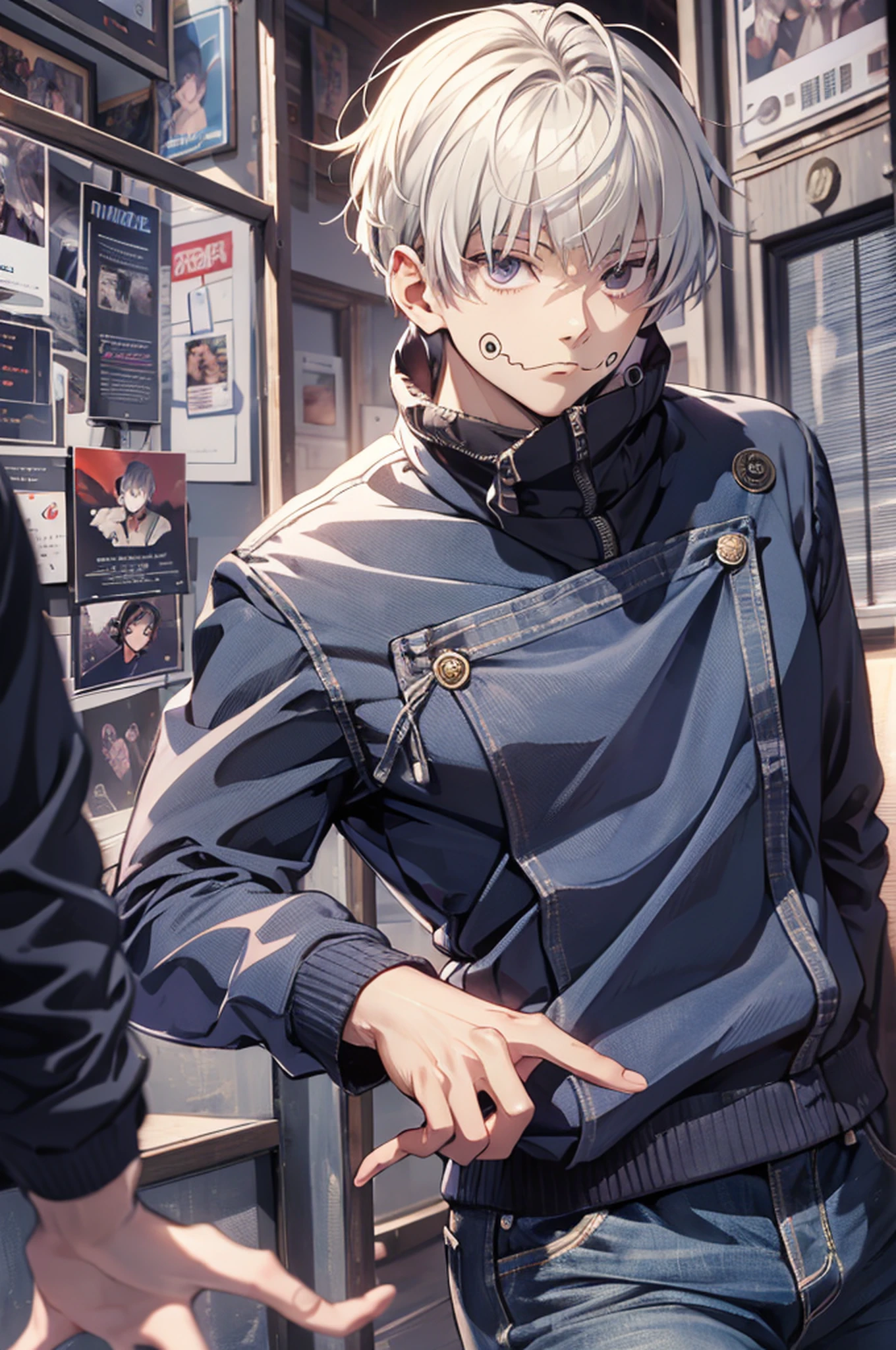 (absurdres, highres, ultra detailed, HDR), masterpiece, best quality, 1man, solo, handsome, short hair, inumaki toge, facial tattoo, white hair, black jacket, jeans, closed mouth, swirl, vortex