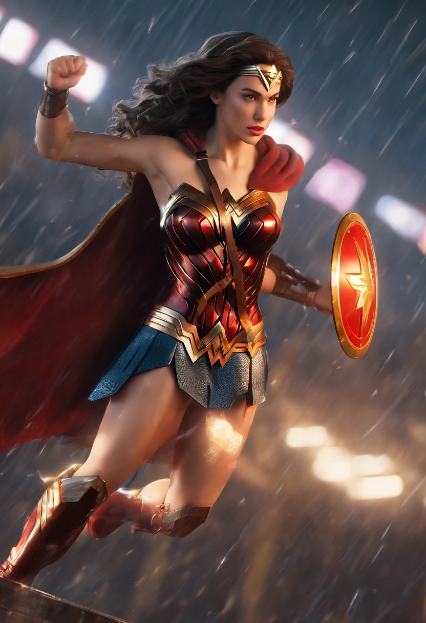18 year old girl, Wonder Woman suit, short curly hair, blonde hair, beautiful face, rain, roof, masterpiece, exquisite details, perfect anatomy, fighting stance