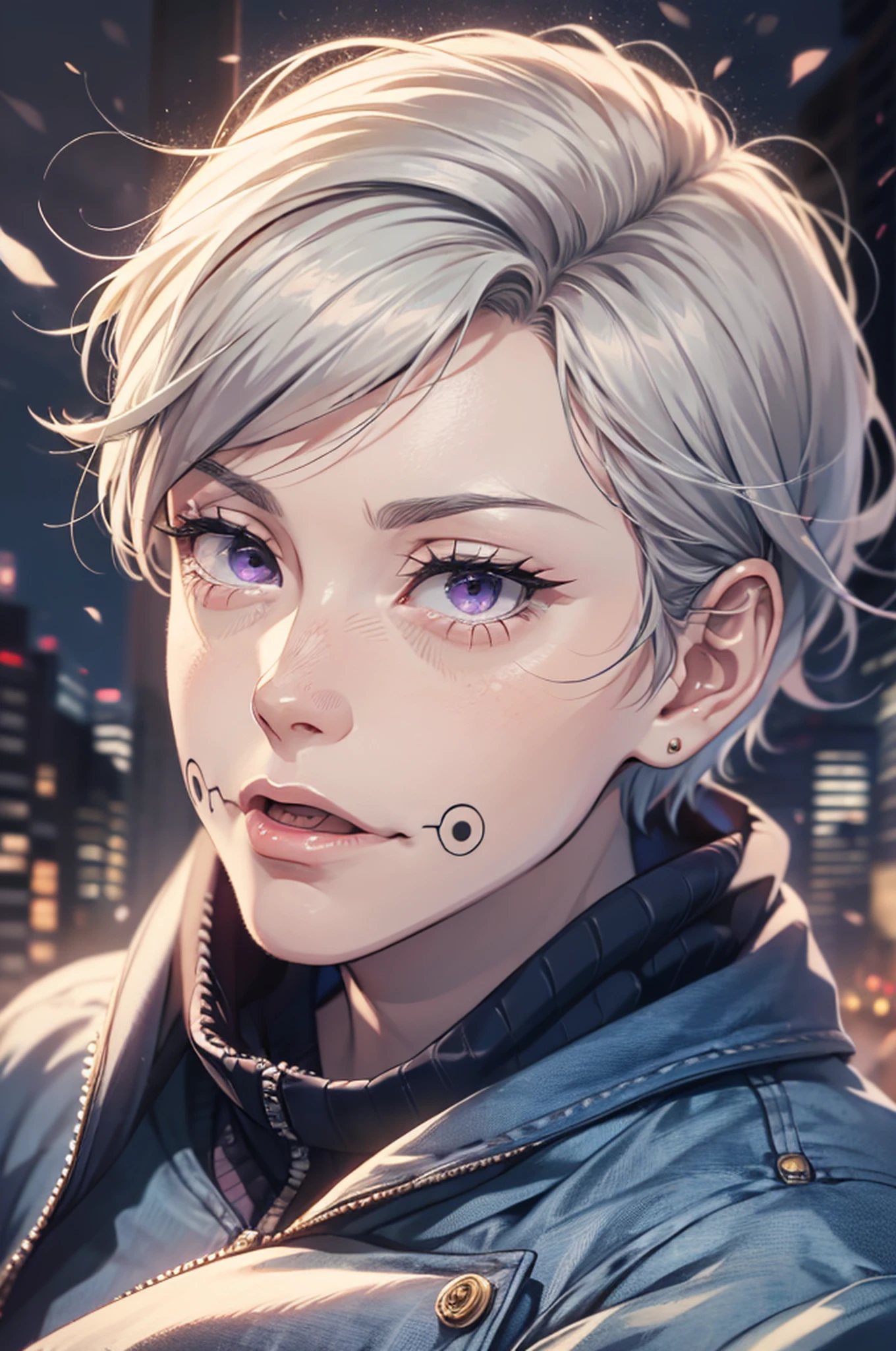 (absurdres, highres, ultra detailed, HDR), masterpiece, best quality, 1man, solo, handsome, short hair, inumaki toge, facial tattoo, white hair, black jacket, jeans, closed mouth, swirl, vortex