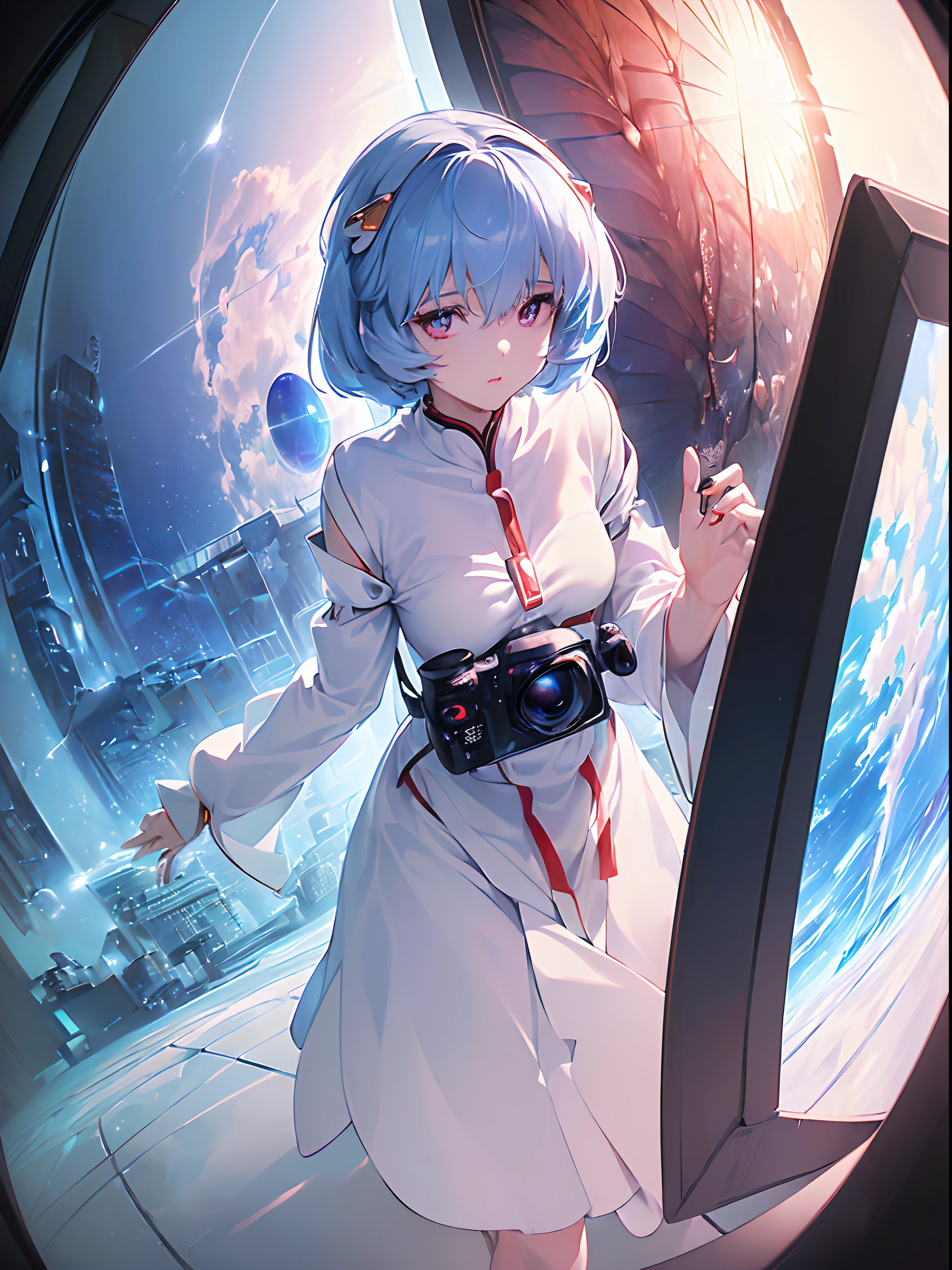 (((ayanami rei))),1girl,solo,(masterpiece,best quality, official art,aim to viewers, beautiful and aesthetic:1.2),(ultra high res,spiral, golden ratio, (4k), seen from above,space,floating,good lighting, (photon mapping, radiosity, physically-based rendering,automatic white balance), technological sense,Amazing,sharp focus,rich background, (((high detailed skin,)))dynamic lighting,intricate detailed outfit,glowing eyes,watery eyes,((short hair,))deadpan, skiny,  turtle neck, short skirt,button shirt,(masterpiece sidelighting),(bishoujo,lustrous),(sky blue hair,pink eyes,）[[delicate fingers and hands:0.55]::0.85],(detail fingers),((((SLR camera lens reflected in the eyes,Ultra Photographic Quality,fisheye,ultra wide angles)))),((incredibly absurdres)),micro shot,((extremely_detailed_eyes_and_face)),(disheveled hair),at night,FilmGirl