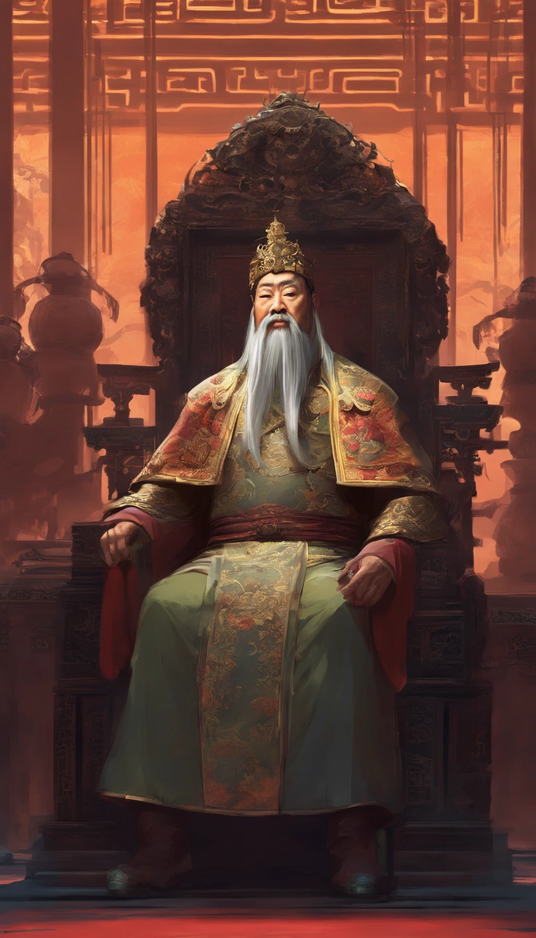 An old Chinese king sits on a chair in the palace