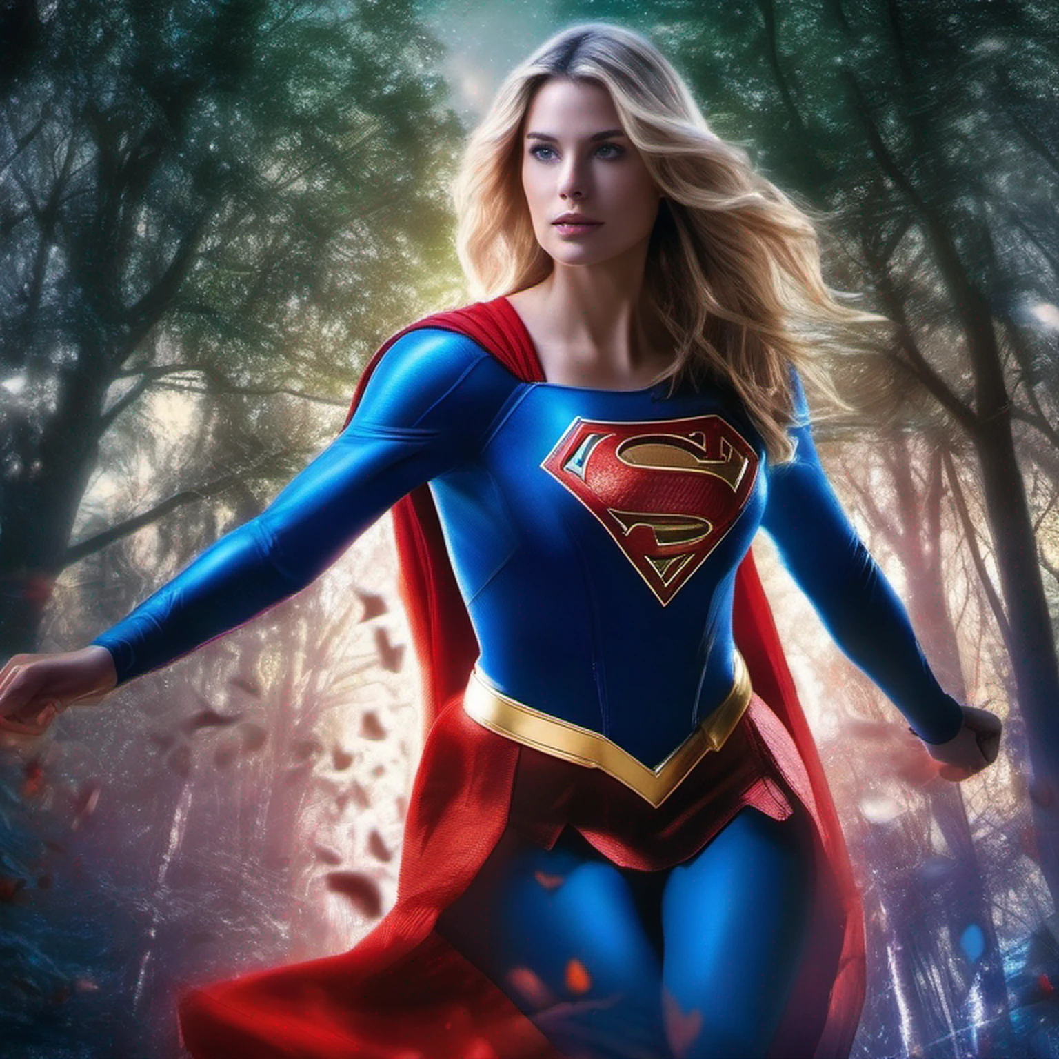 Supergirl Ciborgue da DC, covered with tree branches, bright blue white glowing heart, visible from human, noite, colorido, photography hyper-detailed cinematic hdr lighting, softbox lighting, Detalhe extremo