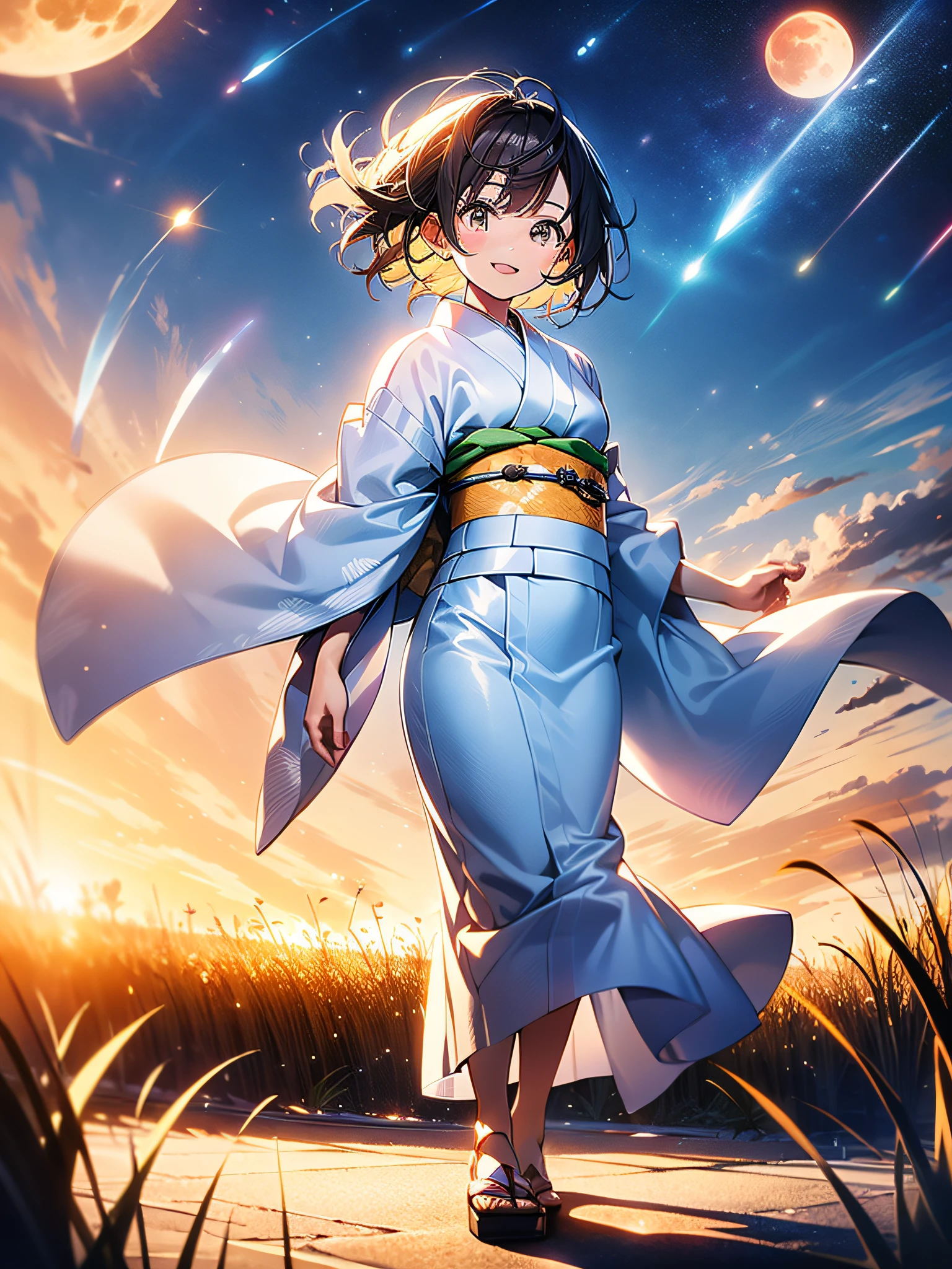 in 8K、top-quality、masterpiece、ultra-detailliert、Ultra-high resolution、Anime style、1人の女性、White kimono、Red band、Pampas grass steppe、fullmoon、dance