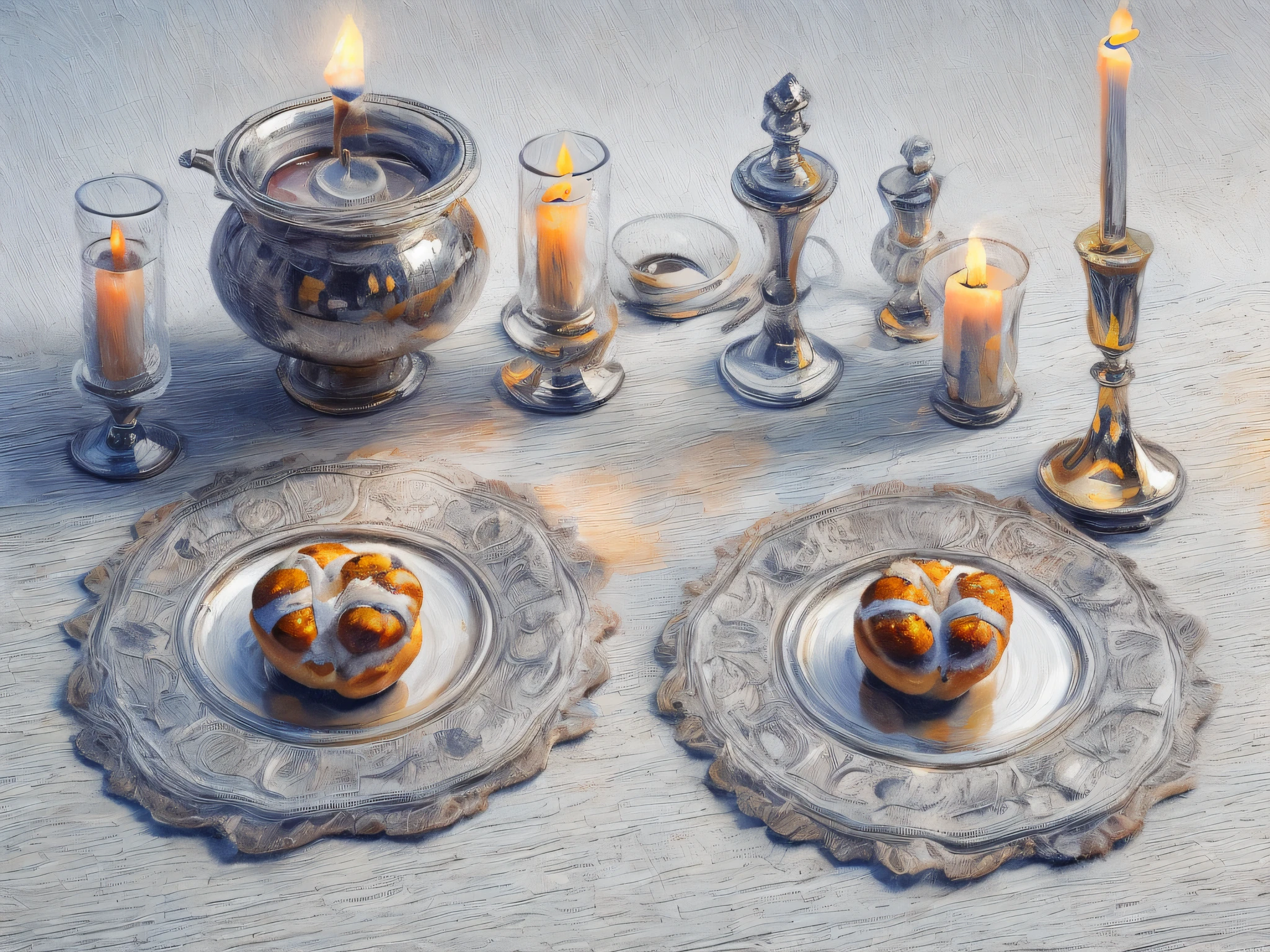 a picture of a Jewish Shabbat table , (2) (Challahs:1.5) on the table, ((2) lit candles: 1.3), in Judaica candle holders (best details, masterpiece), (a masterpiece wine goblet on the table: 1.4) exquisite silver wine goblet, (white table cloth with embodiments 1.2), a close up look from above and the side, 2 freshly baked Challahs, with sesame seeds, an atmosphere of divinity, dynamic angle, best details, best quality, 16K, [ultra detailed], masterpiece, best quality, (ultra detailed), full body, ultra wide shot, photorealistic, 3D rendering