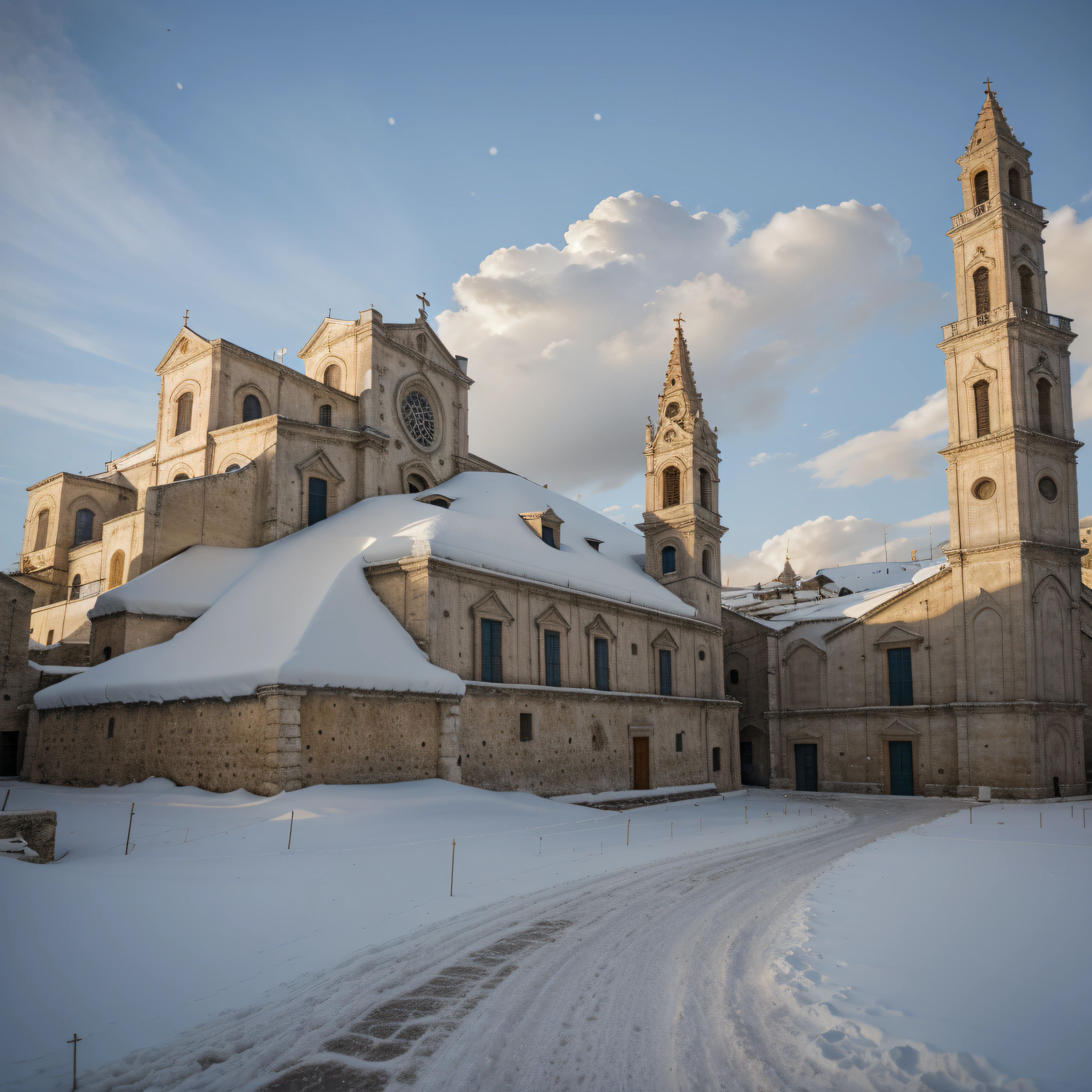 Church in Matera, snow on the roofs of the Cathedral, in Sassi di Matera ((Top quality, 8k, masterpiece: 1.4)), clouds, snow falling, close view