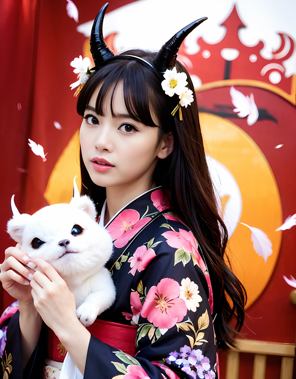 ((White ghost flies)),Professional , masterpiece、top-quality、photos realistic , depth of fields 、(Various poses)、(Background of cherry blossoms in full bloom),(Ultimate Beauty)、(A dark-haired)、(Fight ninjas)、(Kimono with scary pattern)、(Night background)、((Devil's Wings Grow)),(Wear a kimono with a horror pattern),(Wearing a beautiful kimono with colorful scary patterns)、Jewel Gold Weapon、Particles of light),(Has a devil's mask)、Gorgeous gold weapons ,Skeleton population、(( Gorgeous Dragon Sword)) , (a dark night),,(White ghost flies) 、((Black Haired Beautiful Girl))、(Castle background)、(demonic wings)、((Gangle's forest background))、Beautiful Caucasian beauty、1a person、dynamic ungle,(((Two devil's horns on the head)))、Smaller head、Idle Smile、Thin and beautiful female hands、Mystical expression、Light Effects、intense fighting、Wind-effect、magic circles、With the legendary magic wand、Dragon's tail、