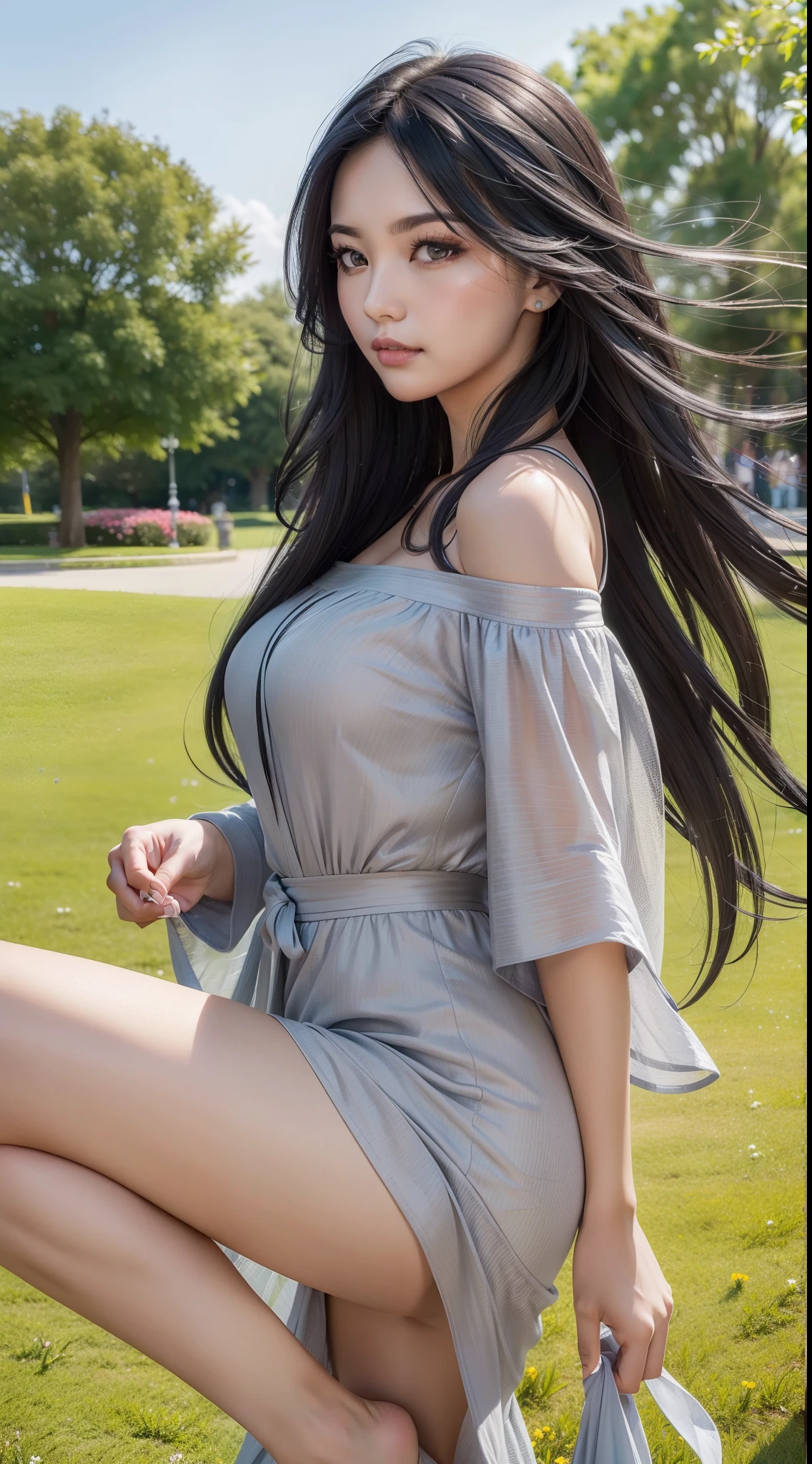 (best quality,high resolution,ultra-detailed:1.2),beautiful silver to black gradient wavy hair flowing in the breeze, vibrant flowers in the background of a park, close-up shot, gracefully high-kicking
