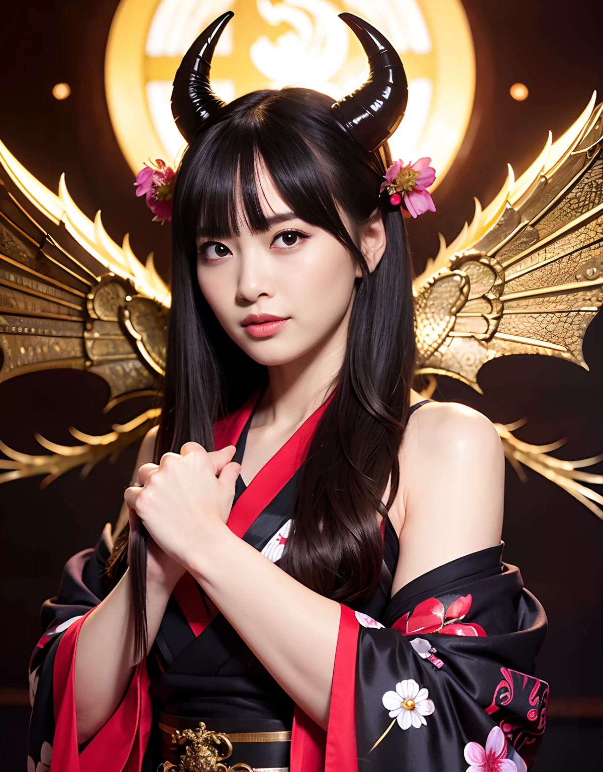 female, Holding a black sickle emblazoned with a symbol of Japan signifying death, Black flames emerge from the decoration., The sickle blade comes out of it.、A black wind blows with the ghost of a skull, Judy female with perfect face and scythe is wearing the appropriate outfit of scythe steel, The female has black hair, The woman is the incarnation of the Grim Reaper., (The background of the CG 8k module is very detailed) (Highest quality), (Best illustrations), (best shade), Very detailed t--v6