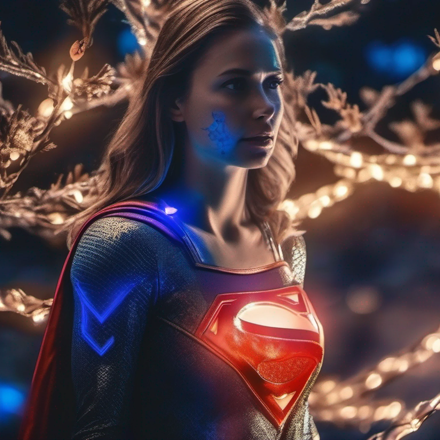 Supergirl Ciborgue da DC, covered with tree branches, bright blue white glowing heart, visible from human, noite, colorido, photography hyper-detailed cinematic hdr lighting, softbox lighting, Detalhe extremo