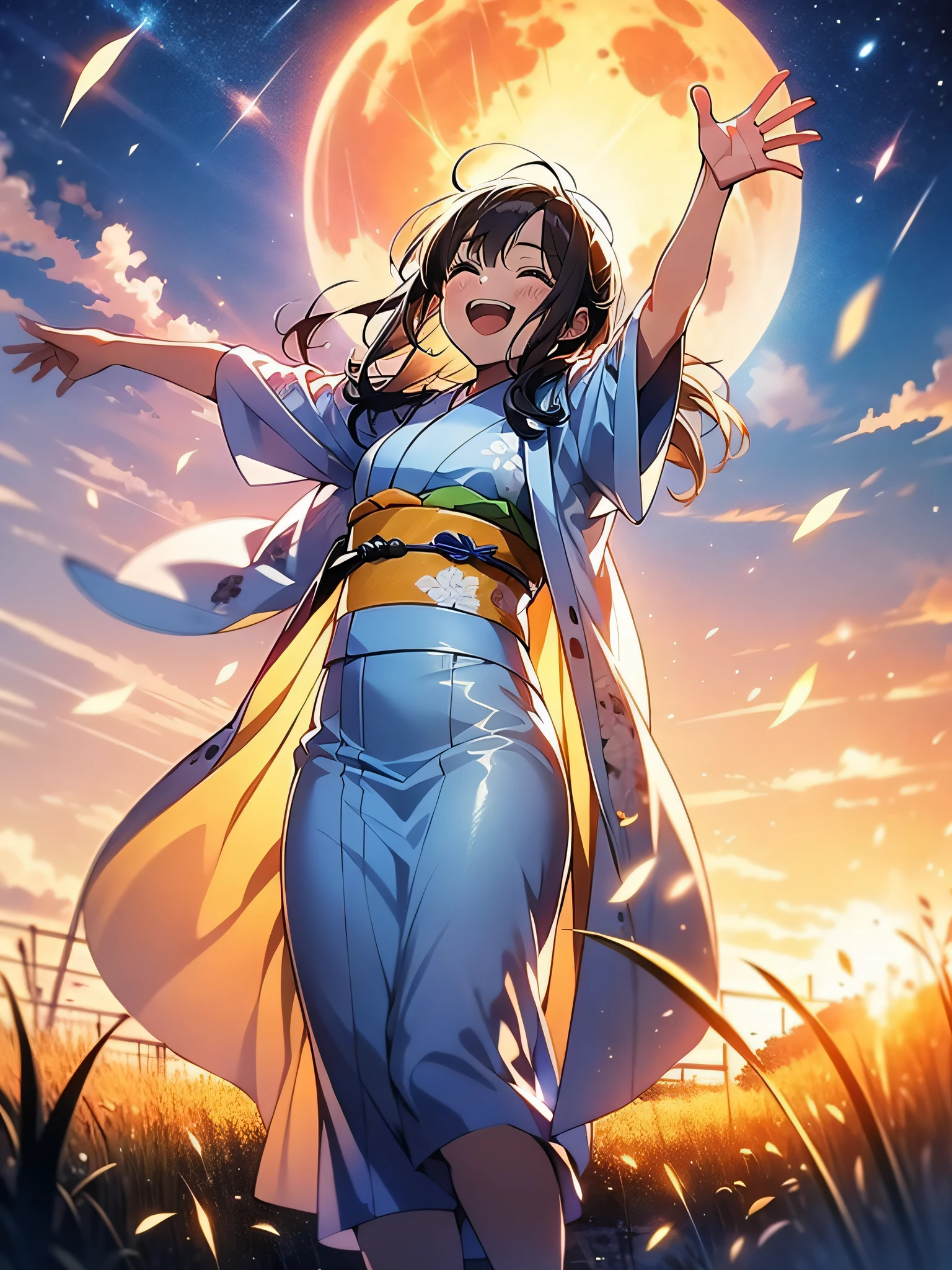 in 8K、top-quality、masterpiece、ultra-detailliert、Ultra-high resolution、Anime style、1人の女性、White kimono、Red band、Pampas grass steppe、fullmoon、dance、spreading arms widely