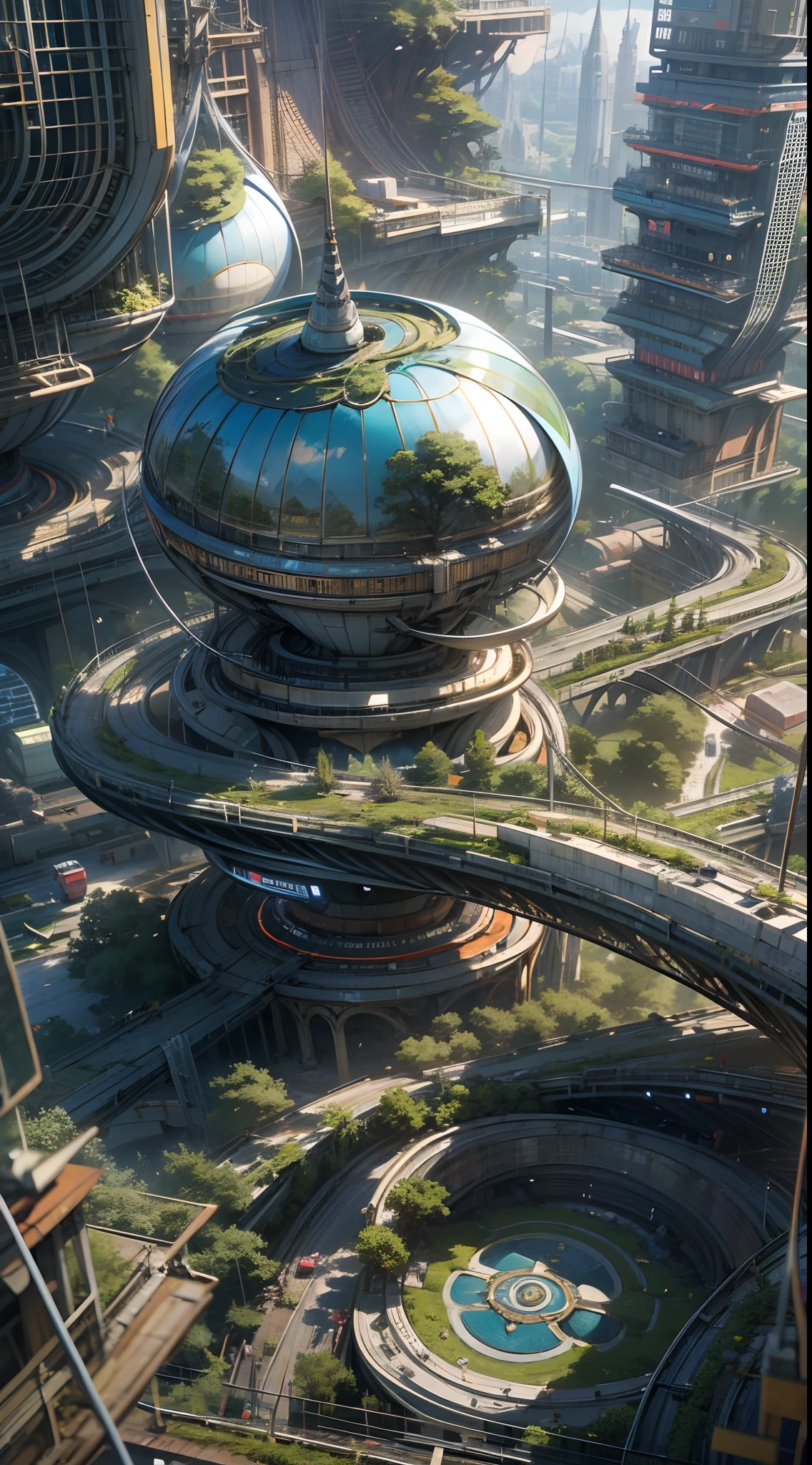 Ultra photo realsisim,Hyper-detailing,Ultra-wide-angle picture,24th century,sci fi city,and the sun was shining brightly,jungles,The fusion of the future technology city and nature,Architectural geometry,Suspended circular aircraft,Roads that lead in all directions,highly detailed surreal vfx,Smudge,Faraway view,super-fine,ultra - detailed,high qulity,8K ,oc rendered,dynamic viewing angle