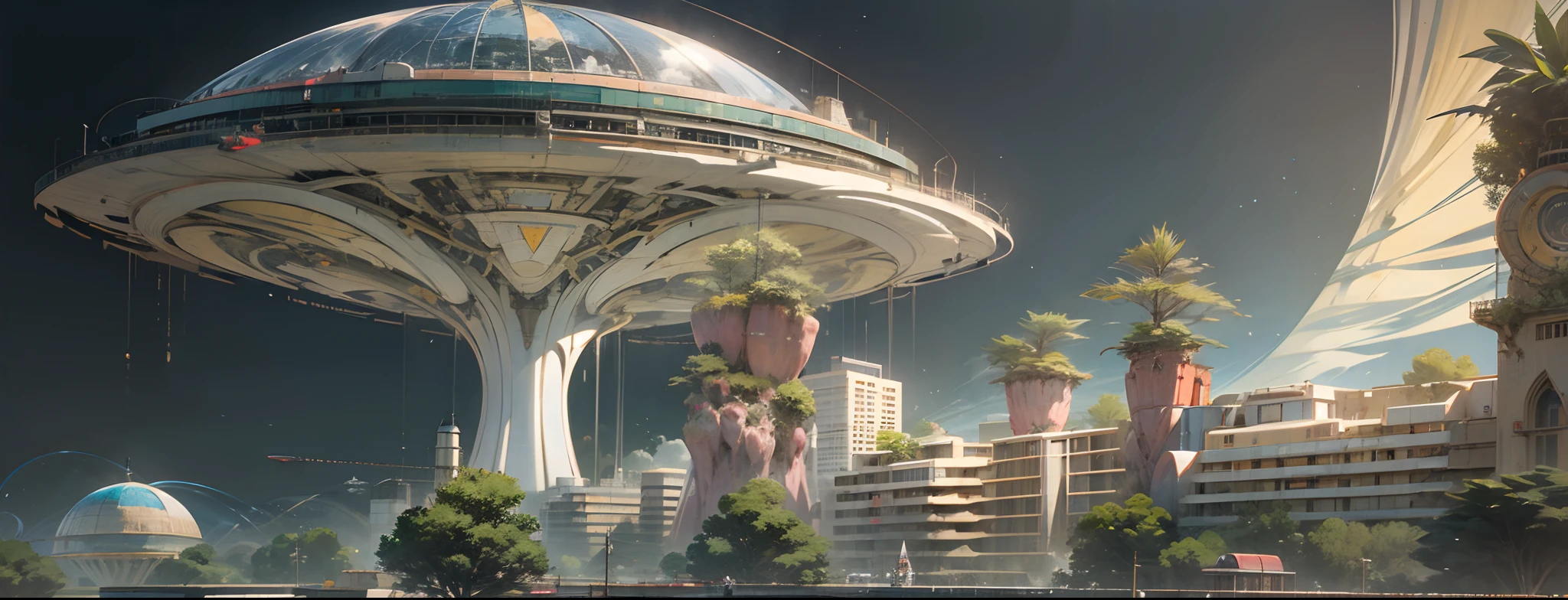 Ultra photo realsisim,Hyper-detailing,Ultra-wide-angle picture,24th century,sci fi city,and the sun was shining brightly,jungles,The fusion of the future technology city and nature,Architectural geometry,Suspended circular aircraft,Roads that lead in all directions,highly detailed surreal vfx,Smudge,Faraway view,super-fine,ultra - detailed,high qulity,8K ,oc rendered,dynamic viewing angle