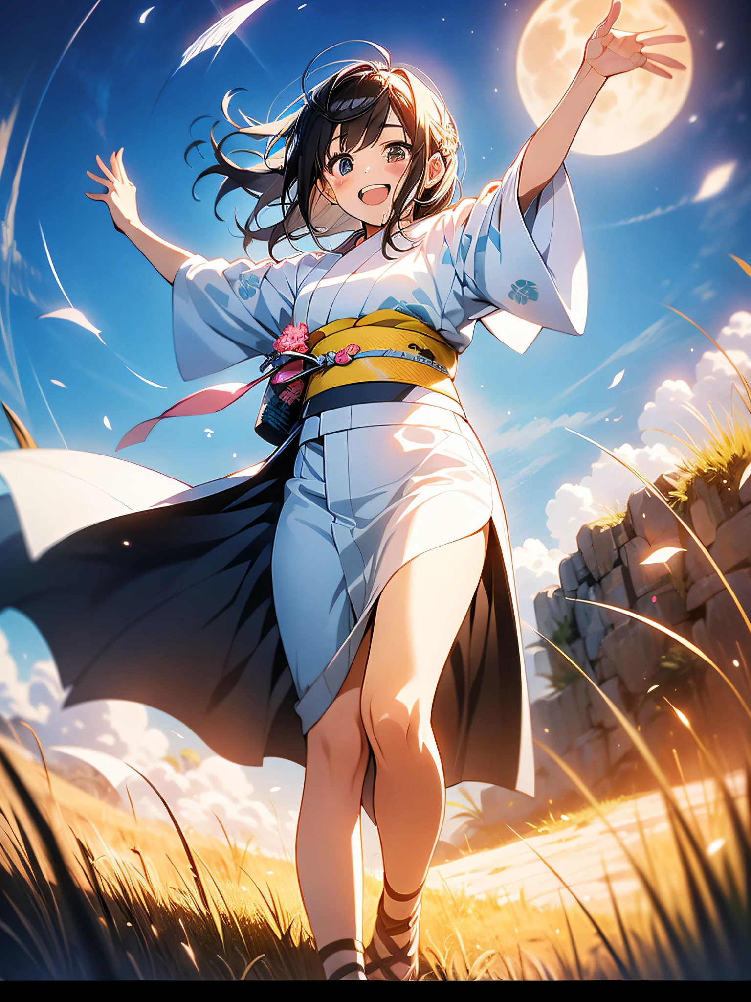 in 8K、top-quality、masterpiece、ultra-detailliert、Ultra-high resolution、Anime style、1人の女性、White kimono、Red band、Pampas grass steppe、fullmoon、dance、spreading arms widely
