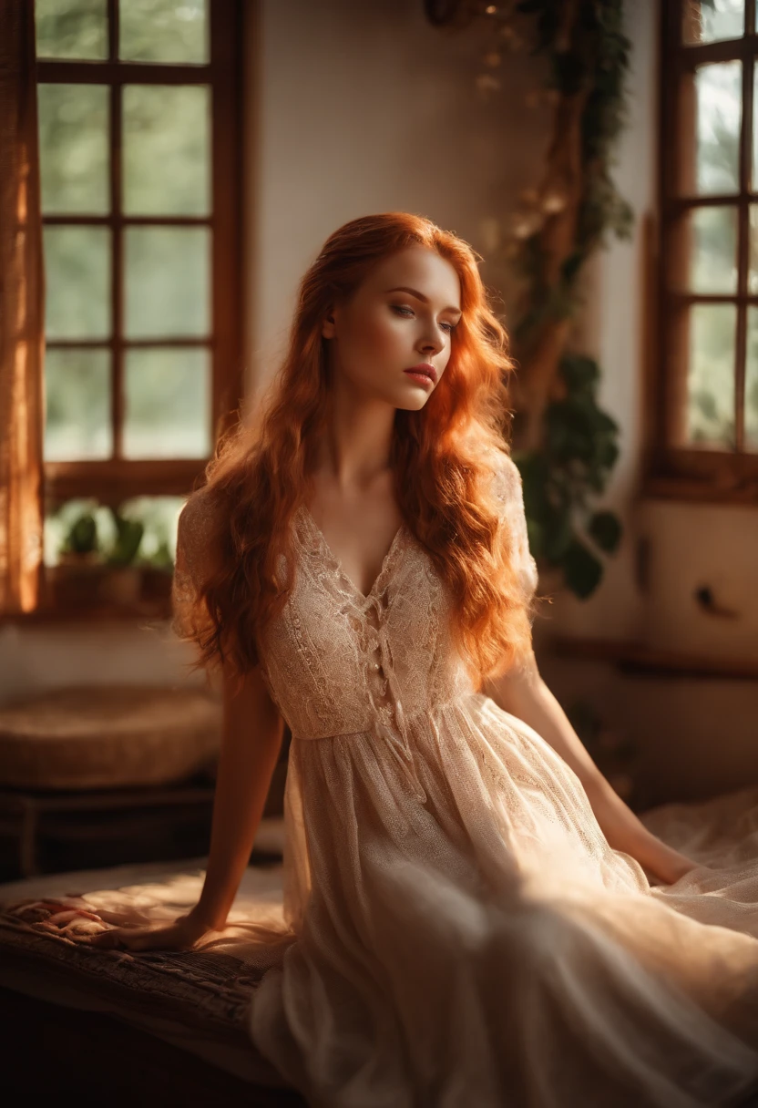 nordic young woman, cute face, seductive, best quality, masterpiece, translucent summer dress, golden hour, detailed textures, long braded hair, sitting on bed, posing, casual pose, wooden cottage, interior, [blush], aesthetic, intricate, caustics, light rays, sunlight, (((soft lips))), (((glossy lips))), highly detailed, (semi-realistic:1.2), niloudef, red hair