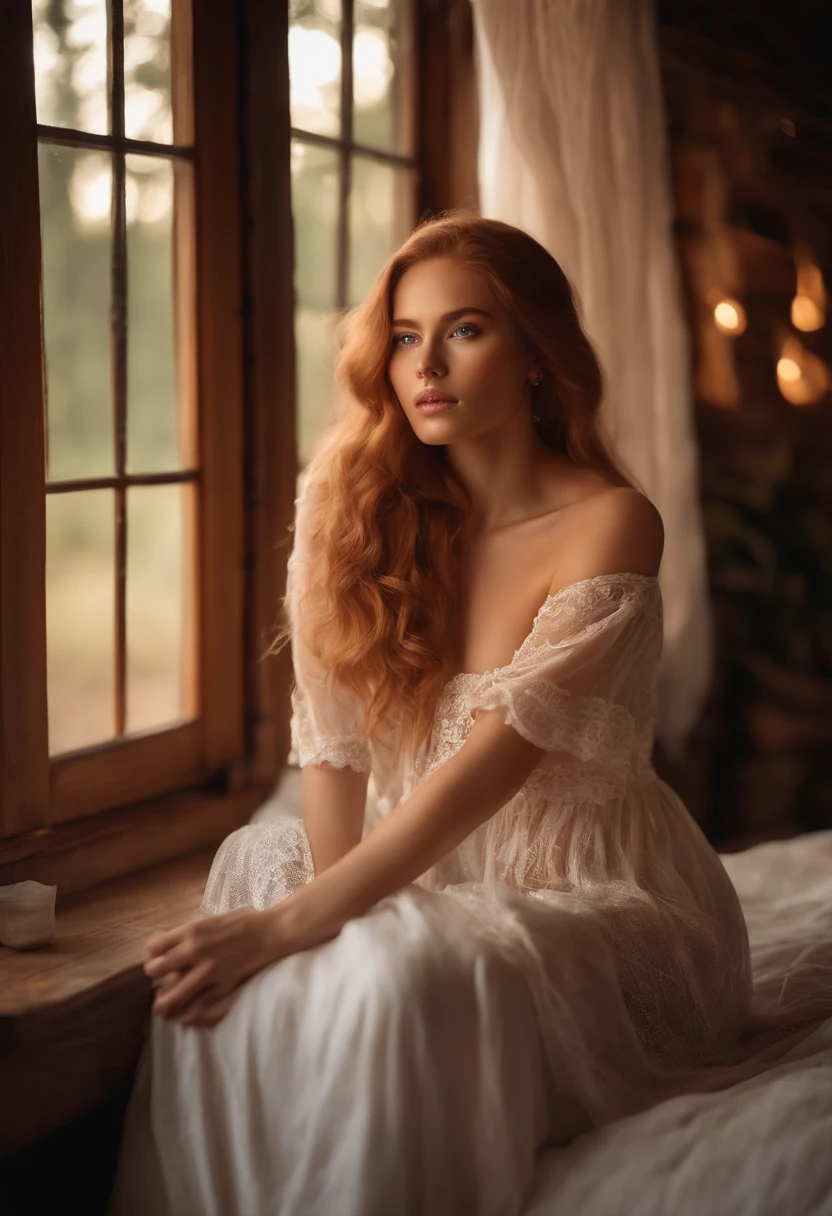 nordic young woman, cute face, seductive, best quality, masterpiece, translucent summer dress, golden hour, detailed textures, long braded hair, sitting on bed, posing, casual pose, wooden cottage, interior, [blush], aesthetic, intricate, caustics, light rays, sunlight, (((soft lips))), (((glossy lips))), highly detailed, (semi-realistic:1.2), niloudef, red hair