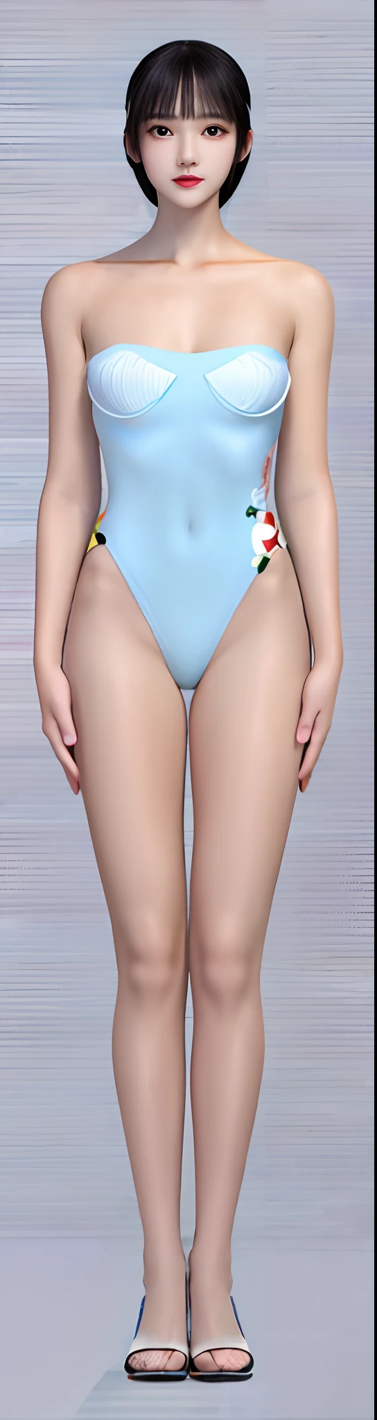 A tall and beautiful Chinese girl,with fair skin,Coiled hair,Qi bangs,Wear one-piece swimsuits and heels in a variety of colors,Stand up straight,Stand upright,Symmetrical distribution,Ray traching