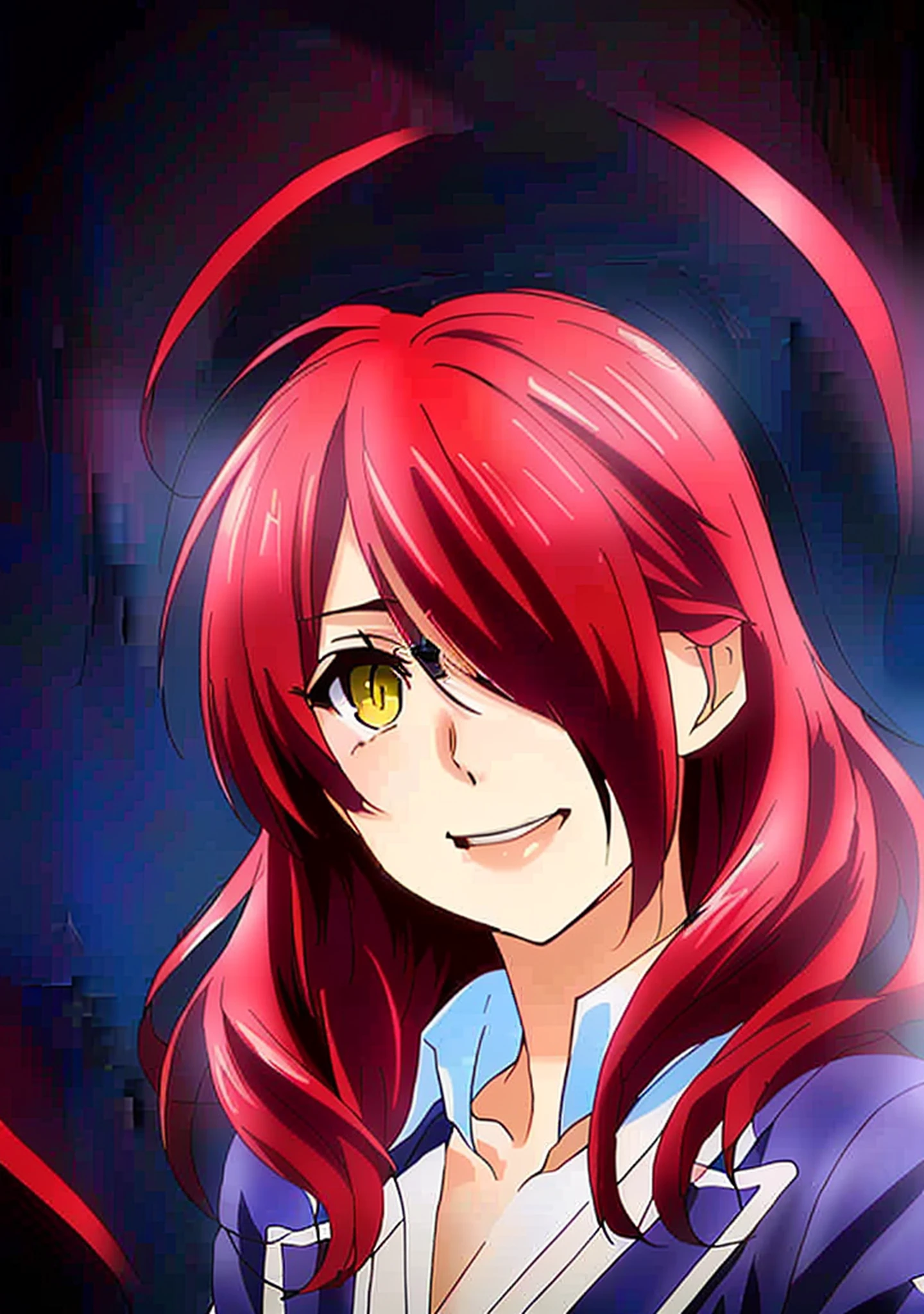 a close up of a person with red hair and a blue background, portrait knights of zodiac girl, misato katsuragi, yu - no, inspired by Matsumura Goshun, fus rei, rurouni kenshin, from kenshin, knights of zodiac girl, yuyushiki, :14 80s anime style