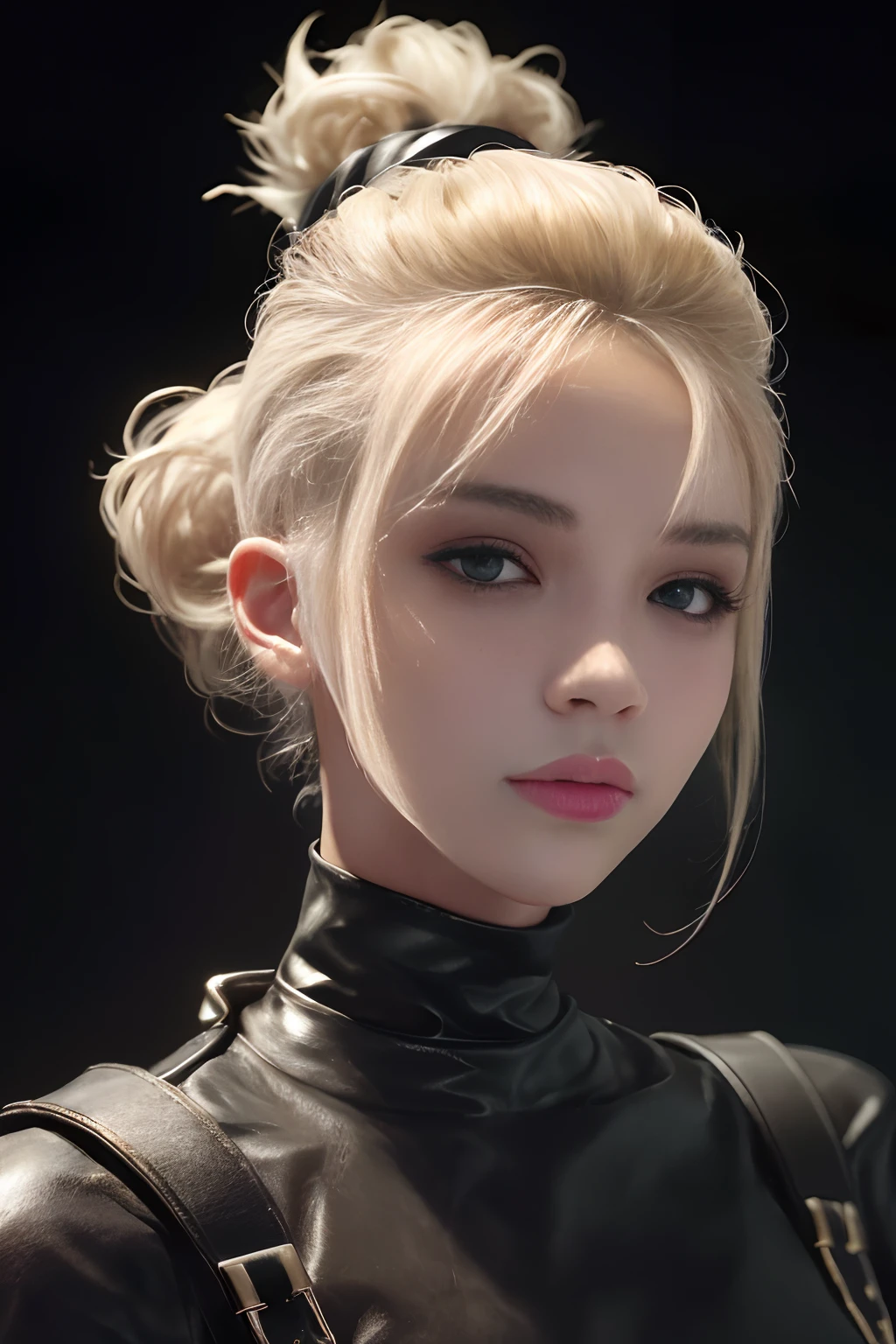 a 20 yo woman, Blonde, (hi-top fade:1.3), Dark theme, Soothing tones, Muted colors, High contrast, (Natural Skin Texture, Hyper-Realism, Soft light, sharp),Accessories for big hair on the head、Ultra-realistic woman like in the photo