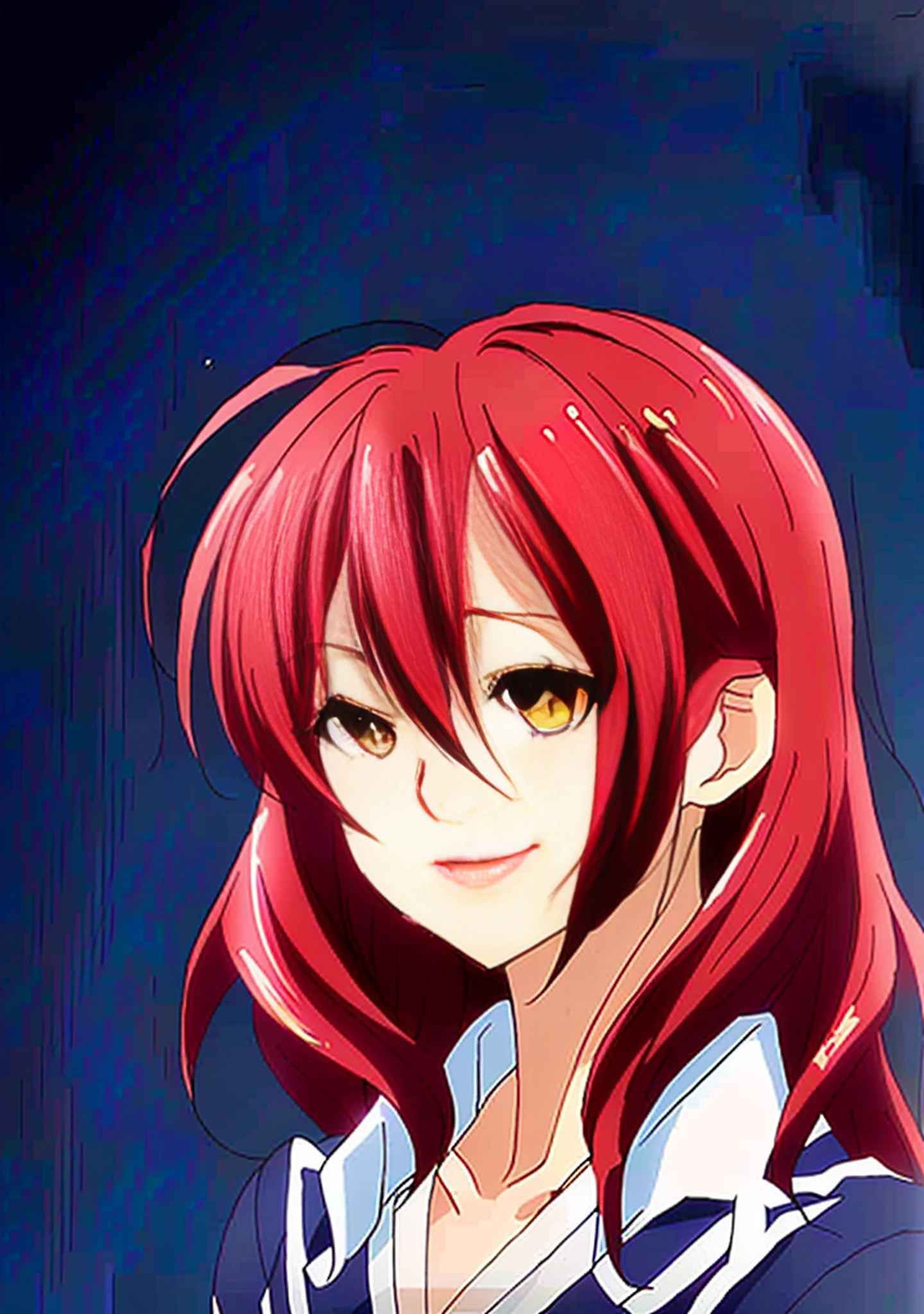 a close up of a person with red hair and a blue background, portrait knights of zodiac girl, misato katsuragi, yu - no, inspired by Matsumura Goshun, fus rei, rurouni kenshin, from kenshin, knights of zodiac girl, yuyushiki, :14 80s anime style