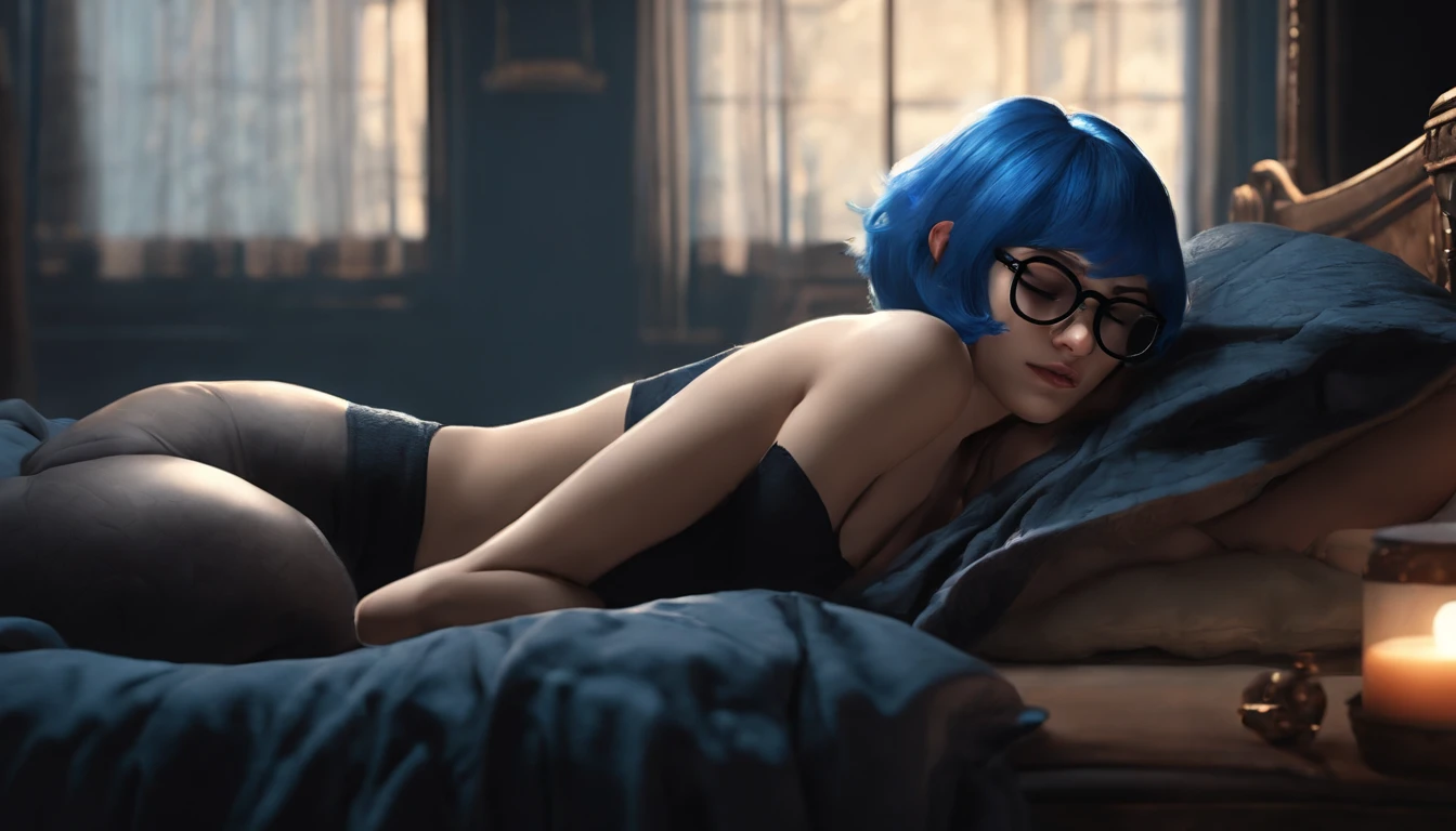 a character with short, neck-length blue hair, round glasses and a black rock shirt. big breasts and big ass, his penis is covered by a black blanket. She is sleeping lying on a bed.