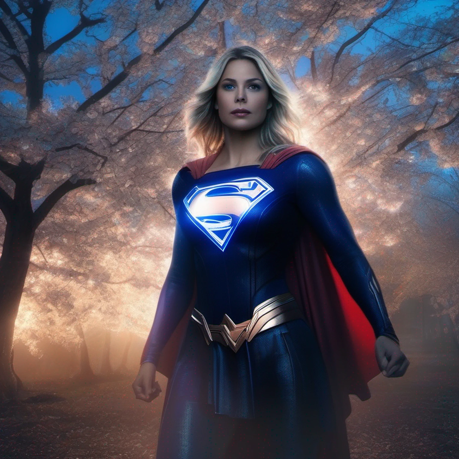 Supergirl Ciborgue da DC, covered with tree branches, bright blue white glowing heart, visible from human, noite, colorido, photography hyper-detailed cinematic hdr lighting, softbox lighting, Detalhe extremo