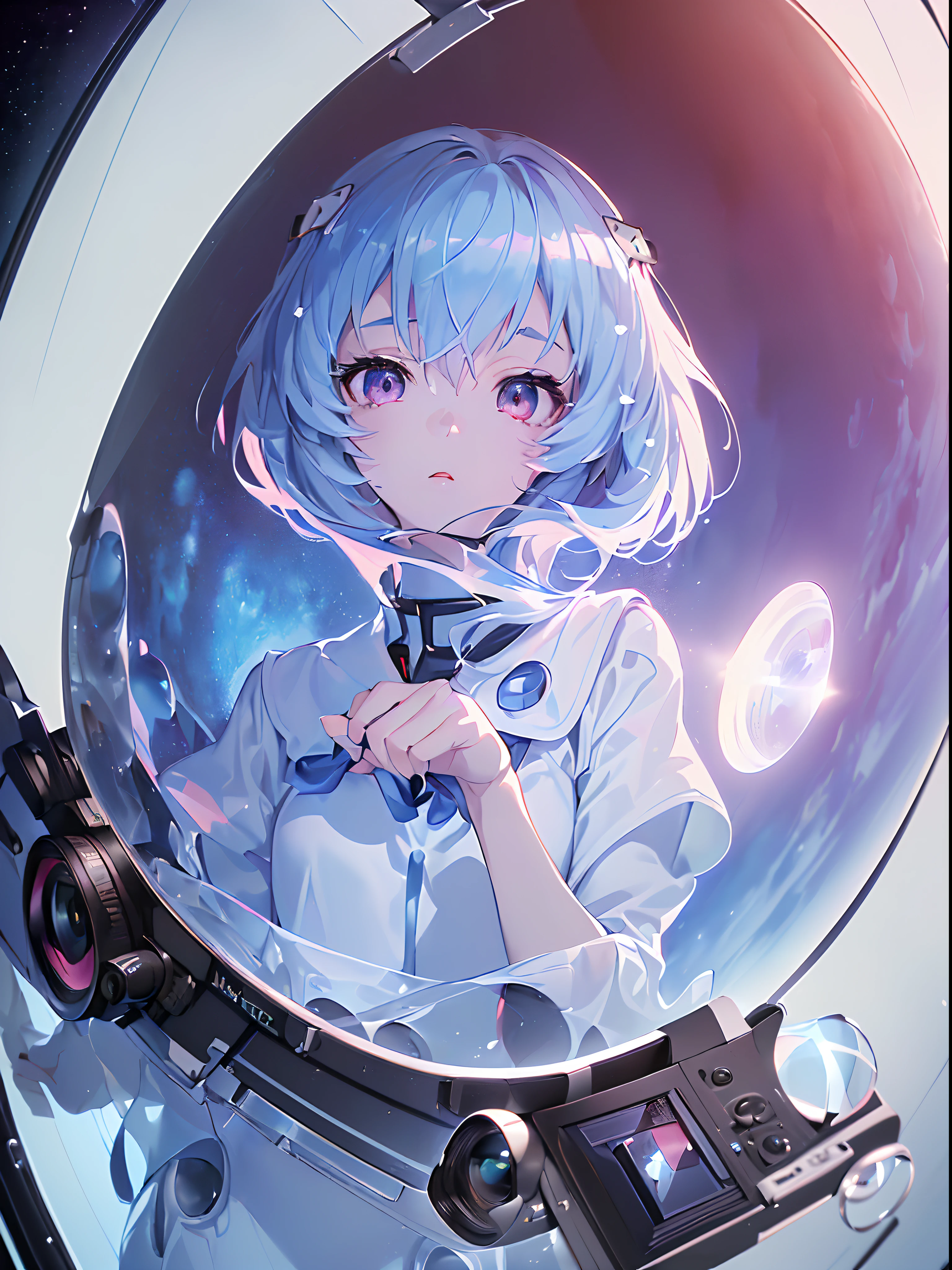 (((ayanami rei))),1girl,solo,(masterpiece,best quality, official art,aim to viewers, beautiful and aesthetic:1.2),(ultra high res,spiral, golden ratio, (4k), see from above,((above the earth)),((in the space)),floating,good lighting, (photon mapping, radiosity, physically-based rendering,automatic white balance), technological sense,Amazing,sharp focus,rich background, (((high detailed skin,)))dynamic lighting,intricate detailed outfit,glowing eyes,watery eyes,((short hair,))deadpan, skiny,  turtle neck, short skirt,button shirt,(masterpiece sidelighting),(bishoujo,lustrous),(sky blue hair,pink eyes,）[[delicate fingers and hands:0.55]::0.85],(detail fingers),((((SLR camera lens reflected in the eyes,Ultra Photographic Quality,fisheye,ultra wide angles)))),((incredibly absurdres)),micro shot,((extremely_detailed_eyes_and_face)),(disheveled hair),darkness,dark space,FilmGirl