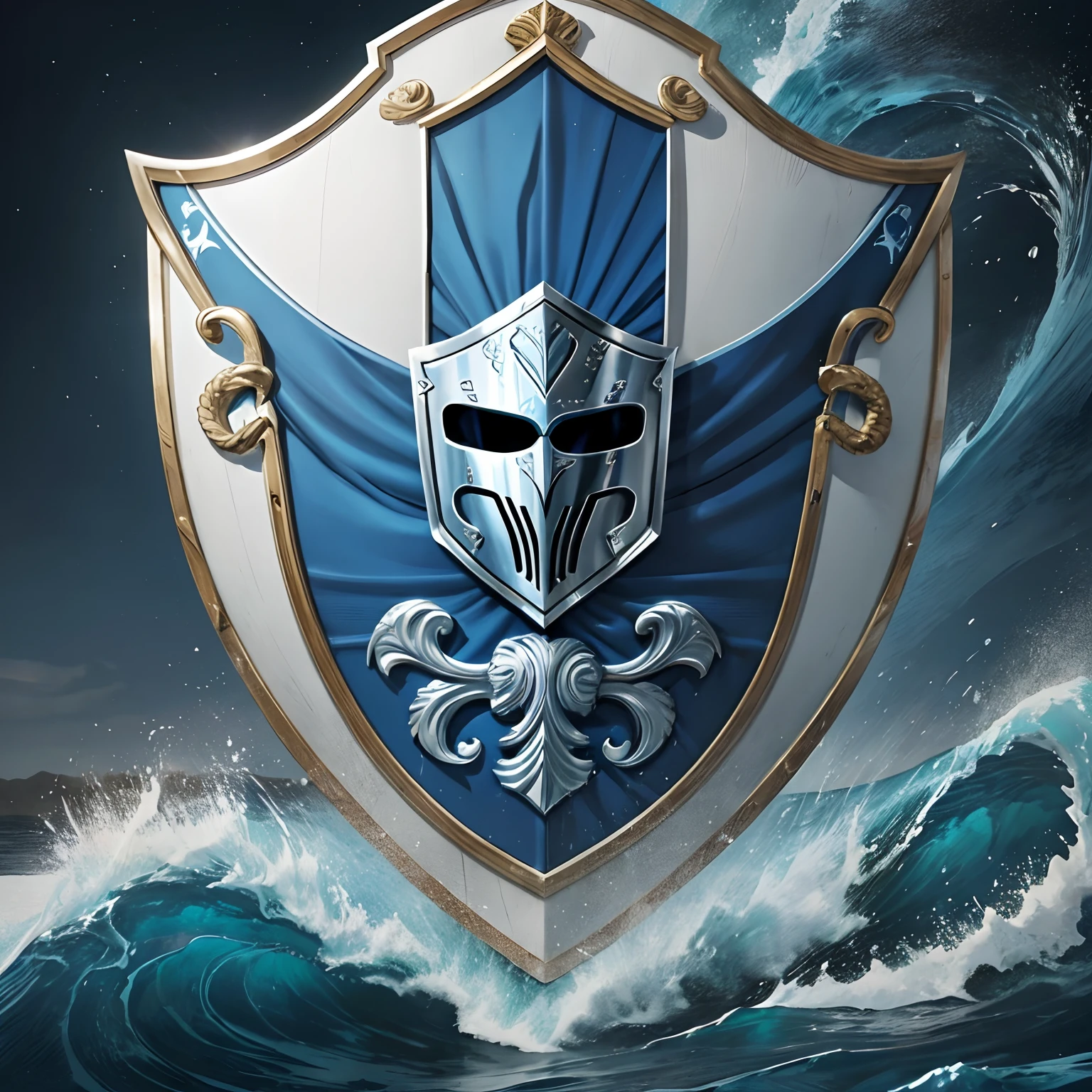 A wavy band of blue runs horizontally across the shield, symbolizing a river, representing fluidity and adaptability.
In the upper part of the shield, a knight's helmet, coat of arms