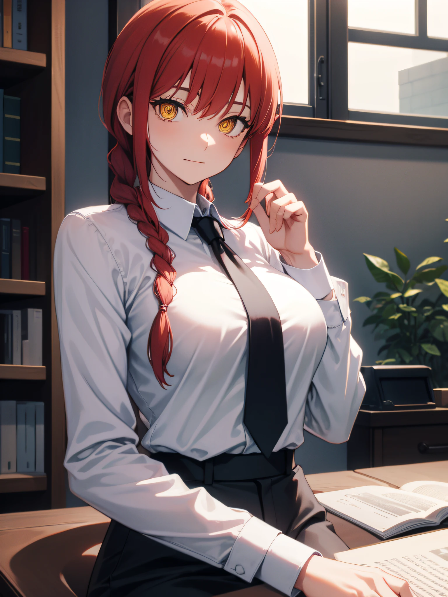 makima, makima, long hair, smile, closed mouth bangs, medium breasts, (yellow eyes:1.2), braid, red hair, braided ponytail, ringed eyes, BREAK shirt, long sleeves, jacket, white shirt, cleavage, sitting on table, loose necktie, collared shirt, pants, black jacket, black blazer, black pants, formal, suit, loose black necktie, shirt tucked in, office lady, BREAK indoors, office, BREAK looking at viewer, BREAK (masterpiece:1.2), best quality, high resolution, unity 8k wallpaper, (illustration:0.8), (beautiful detailed eyes:1.6), extremely detailed face, perfect lighting, extremely detailed CG, (perfect hands, perfect anatomy),