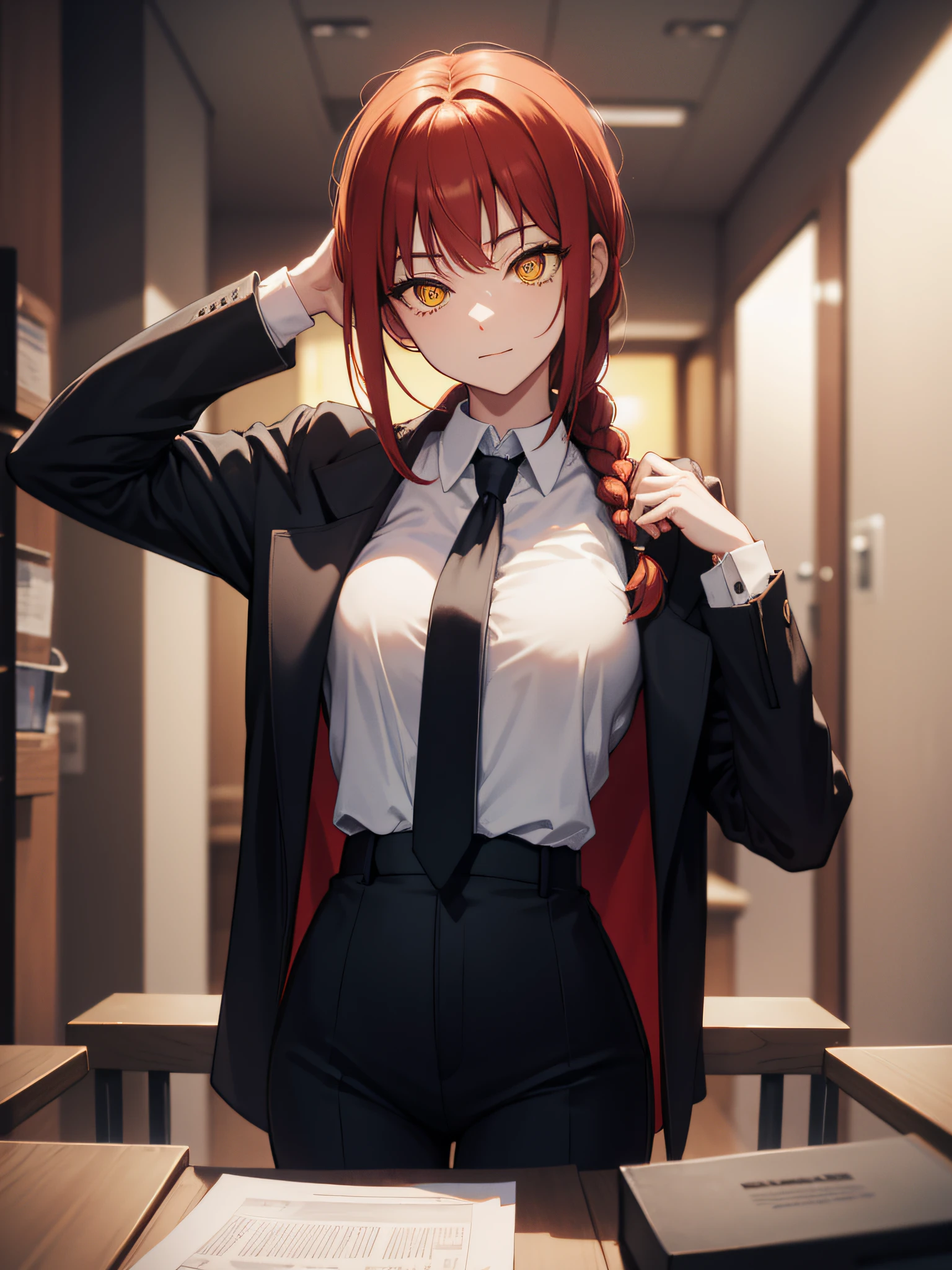 makima, makima, long hair, smile, closed mouth bangs, medium breasts, (yellow eyes:1.2), braid, red hair, braided ponytail, ringed eyes, BREAK shirt, long sleeves, jacket, white shirt, cleavage, sitting on table, loose necktie, collared shirt, pants, black jacket, black blazer, black pants, formal, suit, loose black necktie, shirt tucked in, office lady, BREAK indoors, office, BREAK looking at viewer, BREAK (masterpiece:1.2), best quality, high resolution, unity 8k wallpaper, (illustration:0.8), (beautiful detailed eyes:1.6), extremely detailed face, perfect lighting, extremely detailed CG, (perfect hands, perfect anatomy),