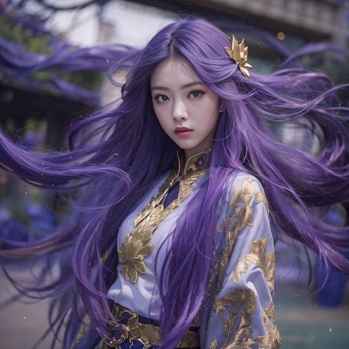Genki Girl 32K(tmasterpiece,k hd,hyper HD,32K)Long flowing bright purple hair,Autumn Pond,zydink, a color, Asian people (Genki girl), (Silk scarf), Combat posture, looking at the ground, long whitr hair, Floating bright purple, Fire cloud pattern gold tiara, Chinese long-sleeved gold silk garment, (Abstract metaverse splash:1.2), white backgrounid,Lotus vitality protector(realisticlying:1.4),Bright purple hair,Smoke on the road,The background is pure, A high resolution, the detail, RAW photogr, Sharp Re, Nikon D850 Film Stock Photo by Jefferies Lee 4 Kodak Portra 400 Camera F1.6 shots, Rich colors, ultra-realistic vivid textures, Dramatic lighting, Unreal Engine Art Station Trend, cinestir 800,A girl with long flowing bright purple hair