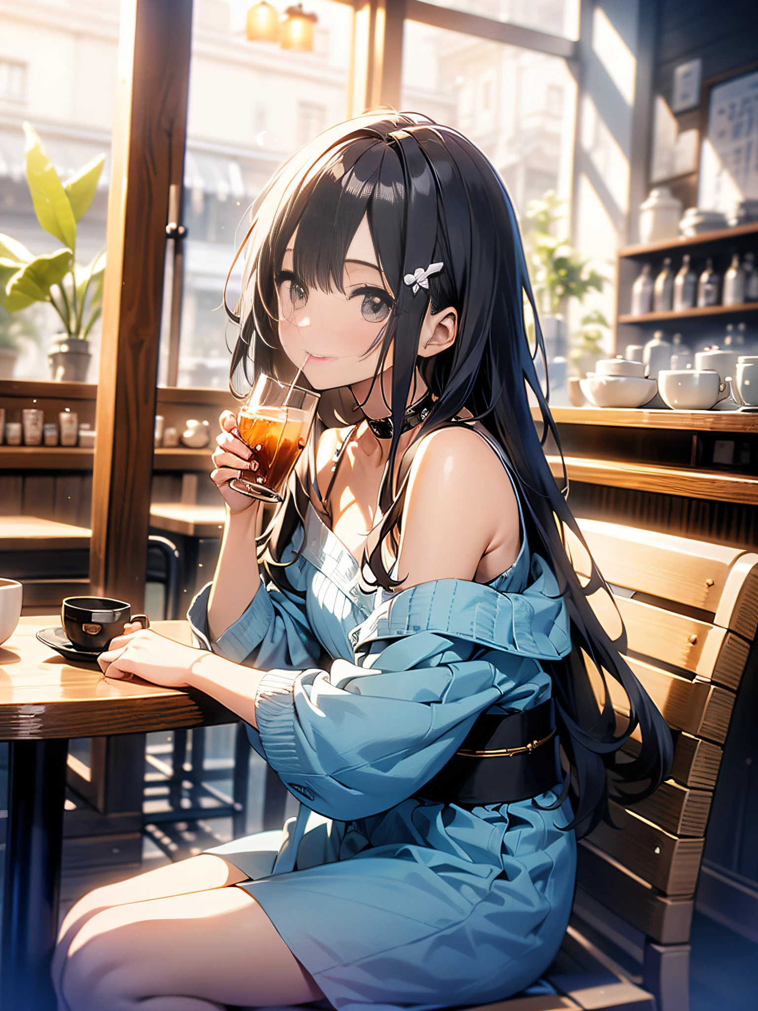 in 8K、top-quality、masterpiece、ultra-detailliert、Ultra-high resolution、Anime style、1人の女性、off shoulders、tea shop、Open Cafe、Drinking black tea