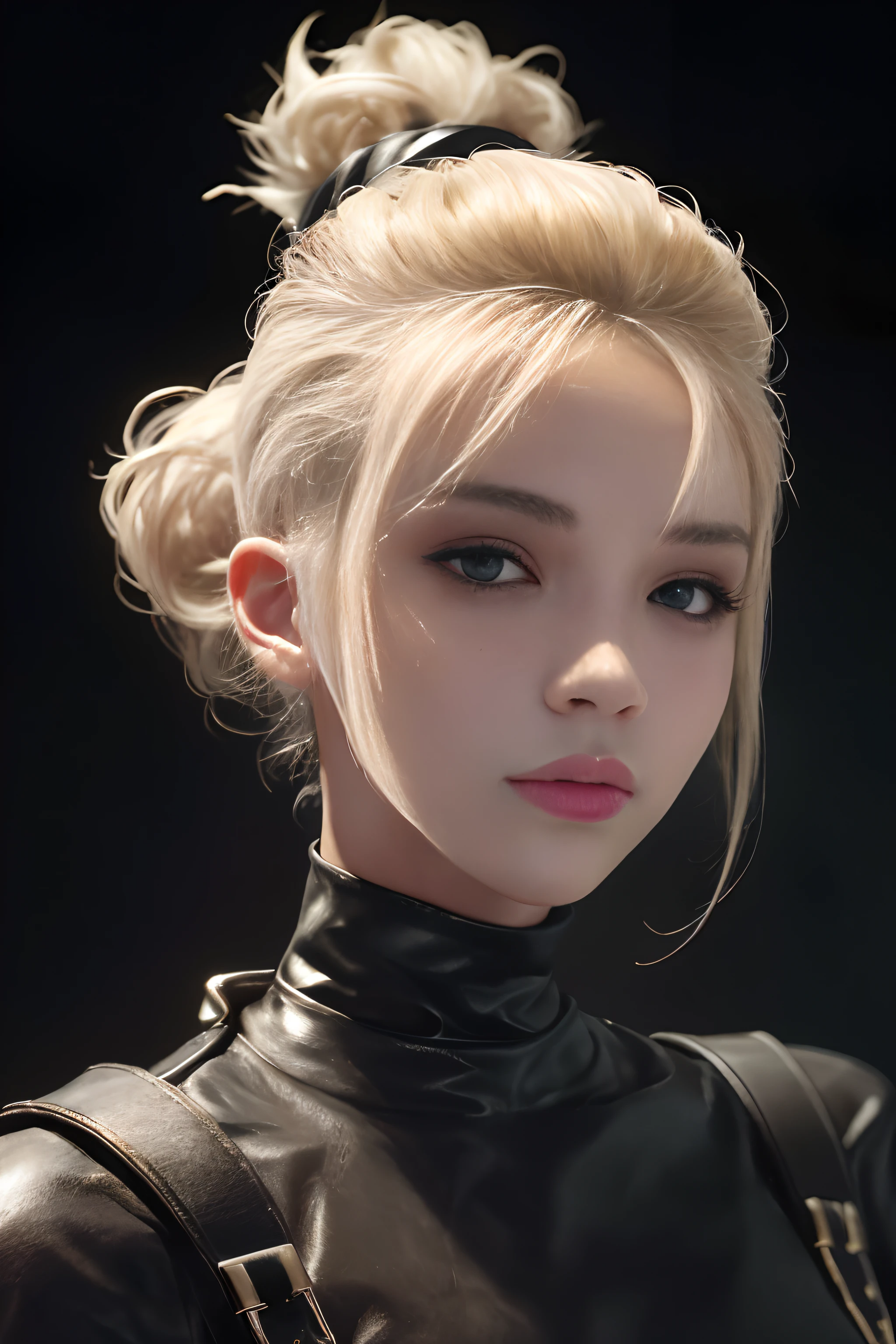a 20 yo woman, Blonde, (hi-top fade:1.3), Dark theme, Soothing tones, Muted colors, High contrast, (Natural Skin Texture, Hyper-Realism, Soft light, sharp),Accessories for big hair on the head、Ultra-realistic woman like in the photo