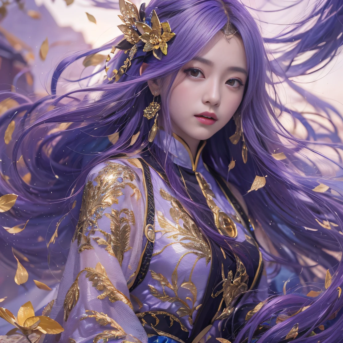 Genki Girl 32K(tmasterpiece,k hd,hyper HD,32K)Long flowing bright purple hair,Autumn Pond,zydink, a color, Asian people (Genki girl), (Silk scarf), Combat posture, looking at the ground, long whitr hair, Floating bright purple, Fire cloud pattern gold tiara, Chinese long-sleeved gold silk garment, (Abstract metaverse splash:1.2), white backgrounid,Lotus vitality protector(realisticlying:1.4),Bright purple hair,Smoke on the road,The background is pure, A high resolution, the detail, RAW photogr, Sharp Re, Nikon D850 Film Stock Photo by Jefferies Lee 4 Kodak Portra 400 Camera F1.6 shots, Rich colors, ultra-realistic vivid textures, Dramatic lighting, Unreal Engine Art Station Trend, cinestir 800,A girl with long flowing bright purple hair