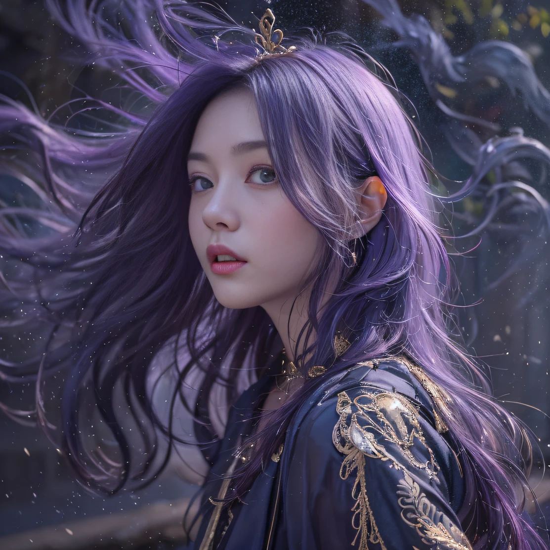 Genki Girl 32K（tmasterpiece，k hd，hyper HD，32K）Long flowing bright purple hair，Autumn Pond，zydink， a color， Asian people （Genki girl）， （Silk scarf）， Combat posture， looking at the ground， long whitr hair， Floating bright purple， Fire cloud pattern gold tiara， Chinese long-sleeved gold silk garment， （Abstract metaverse splash：1.2）， white backgrounid，Lotus vitality protector（realisticlying：1.4），Bright purple hair，Smoke on the road，The background is pure， A high resolution， the detail， RAW photogr， Sharp Re， Nikon D850 Film Stock Photo by Jefferies Lee 4 Kodak Portra 400 Camera F1.6 shots, Rich colors, ultra-realistic vivid textures, Dramatic lighting, Unreal Engine Art Station Trend, cinestir 800，A girl with long flowing bright purple hair