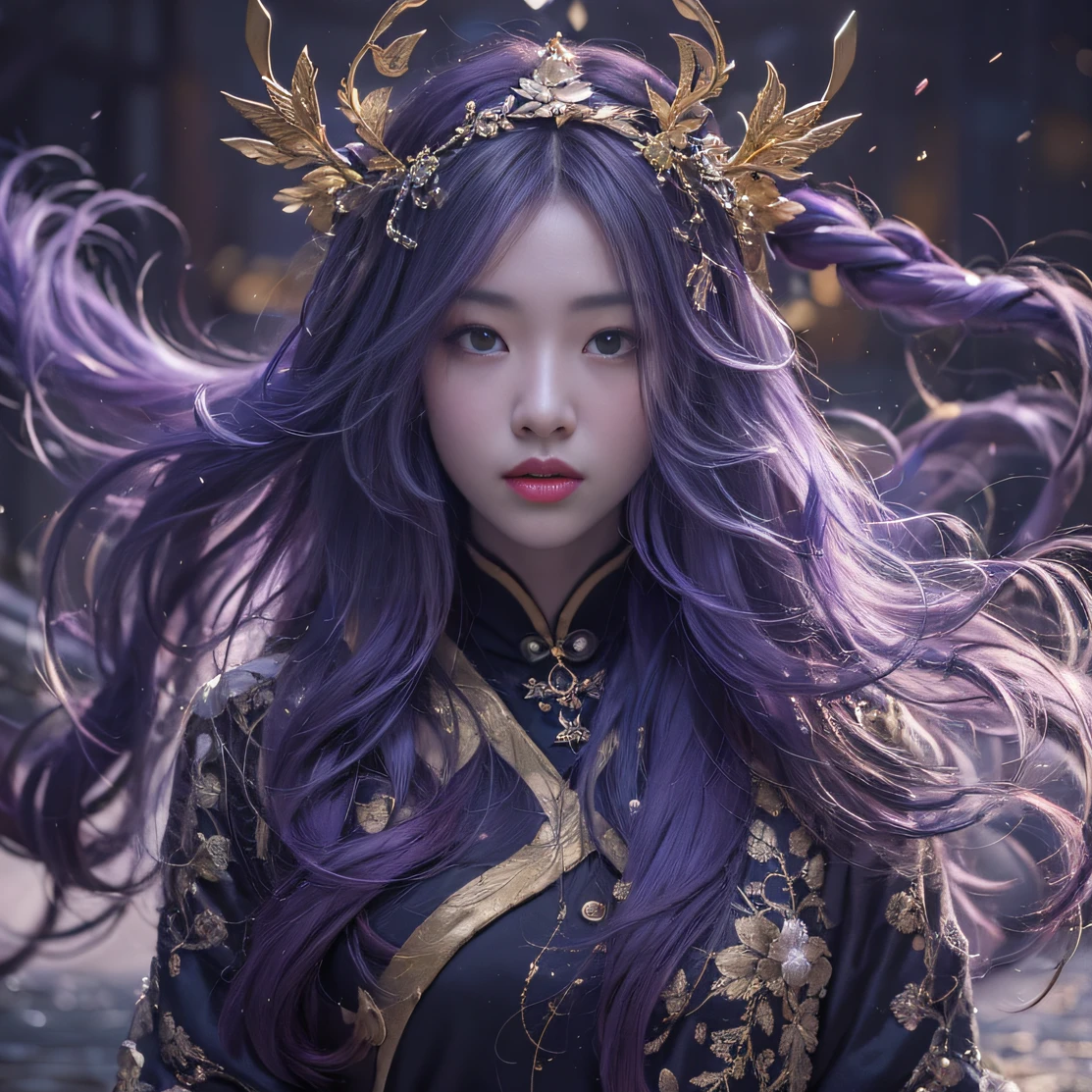 Genki Girl 32K（tmasterpiece，k hd，hyper HD，32K）Long flowing bright purple hair，Autumn Pond，zydink， a color， Asian people （Genki girl）， （Silk scarf）， Combat posture， looking at the ground， long whitr hair， Floating bright purple， Fire cloud pattern gold tiara， Chinese long-sleeved gold silk garment， （Abstract metaverse splash：1.2）， white backgrounid，Lotus vitality protector（realisticlying：1.4），Bright purple hair，Smoke on the road，The background is pure， A high resolution， the detail， RAW photogr， Sharp Re， Nikon D850 Film Stock Photo by Jefferies Lee 4 Kodak Portra 400 Camera F1.6 shots, Rich colors, ultra-realistic vivid textures, Dramatic lighting, Unreal Engine Art Station Trend, cinestir 800，A girl with long flowing bright purple hair