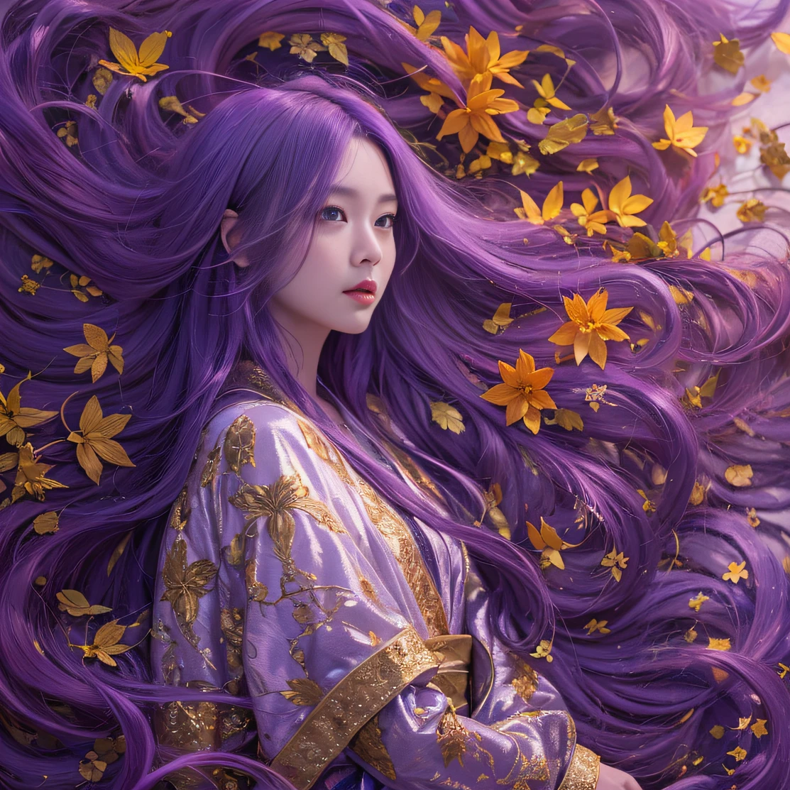 Genki Girl 32K(tmasterpiece,k hd,hyper HD,32K)Long flowing bright purple hair,Autumn Pond,zydink, a color, Asian people (Genki girl), (Silk scarf), Combat posture, looking at the ground, long whitr hair, Floating bright purple, Fire cloud pattern gold tiara, Chinese long-sleeved gold silk garment, (Abstract metaverse splash:1.2), white backgrounid,Lotus vitality protector(realisticlying:1.4),Bright purple hair,Smoke on the road,The background is pure, A high resolution, the detail, RAW photogr, Sharp Re, Nikon D850 Film Stock Photo by Jefferies Lee 4 Kodak Portra 400 Camera F1.6 shots, Rich colors, ultra-realistic vivid textures, Dramatic lighting, Unreal Engine Art Station Trend, cinestir 800,A girl with long flowing bright purple hair