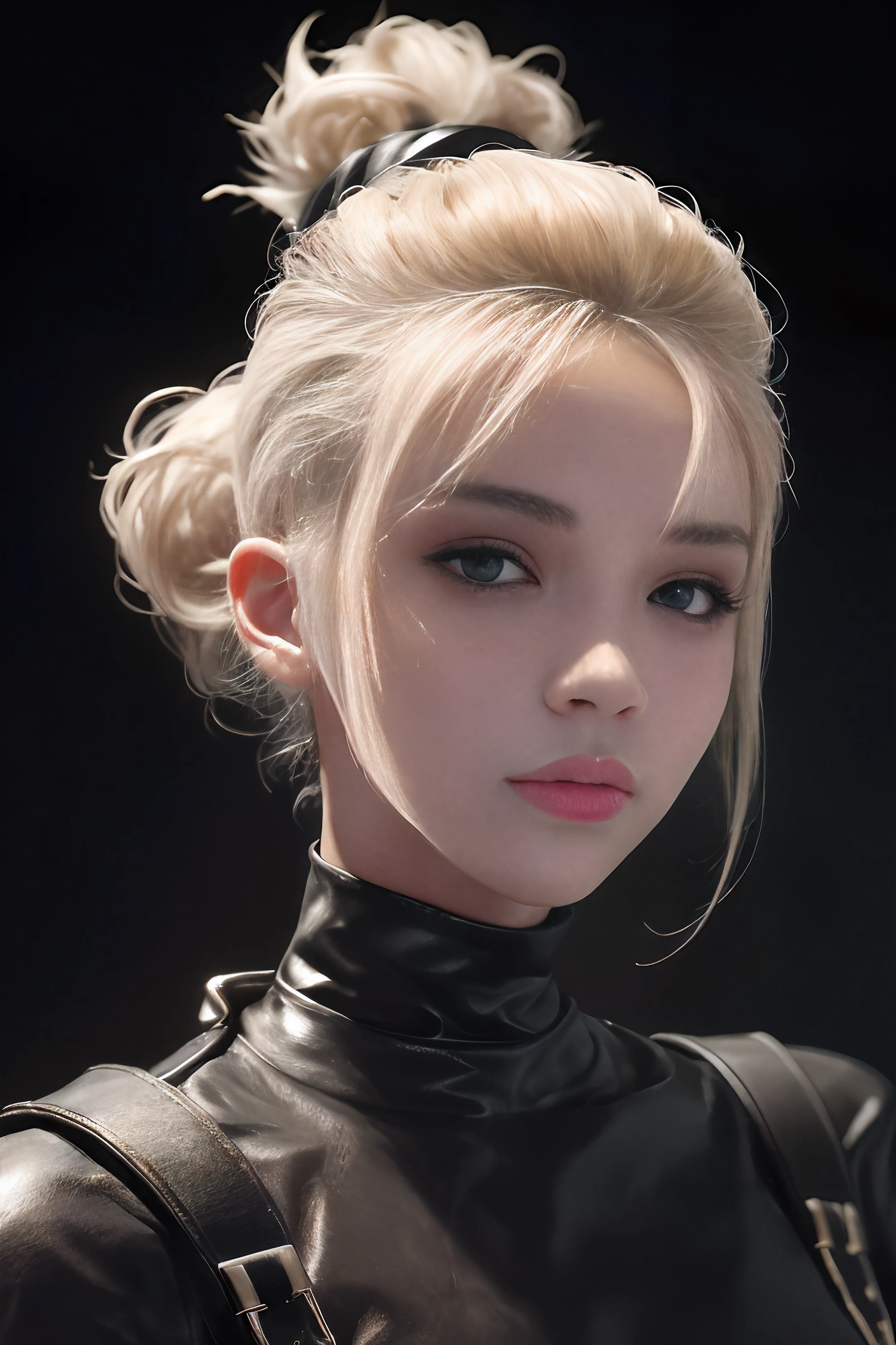 a 20 yo woman, Blonde, (hi-top fade:1.3), Dark theme, Soothing tones, Muted colors, High contrast, (Natural Skin Texture, Hyper-Realism, Soft light, sharp),Accessories for big hair on the head、Ultra-realistic woman like in the photo