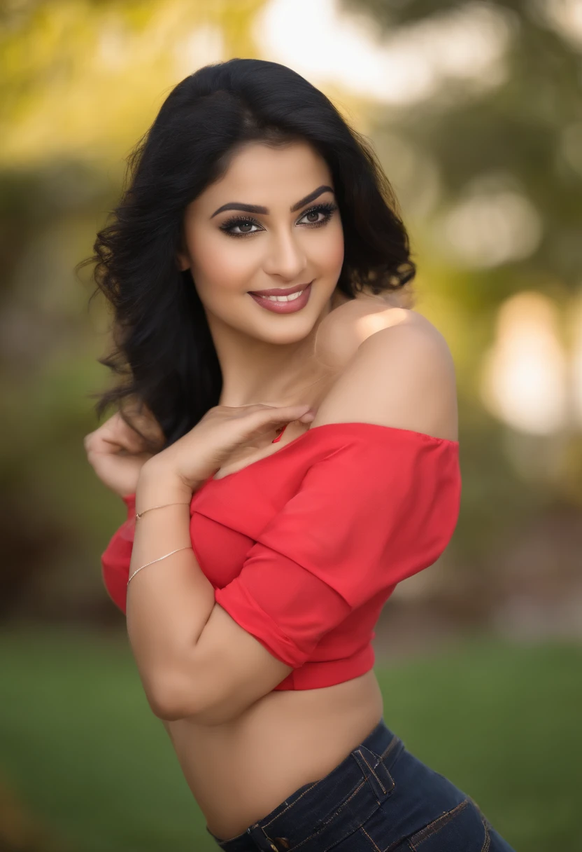 professional, (4k photo:1.1) by (south indian 30 years old women), (Sharp focus:1.3), high detail, wearing (lowcut shirt:1.2), beautiful detailed face, hazel eyes, long black hair, (attractive young woman:1.3), (seductive:1.1), (blushing:1.1), thick body shape, large round big breasts, wide thicc hips, tight outfit, tight attire, smiling seductively, pretty face, perfect black haired girl, satisfied pose, cute seductive smile, beautiful blonde girl, good young girl, beautiful angle, attractive pose, cute girl, sexy pose, full body picture, full body, full body shoot, wearing black mini skirt and boots, don't blur backgroud, short height,