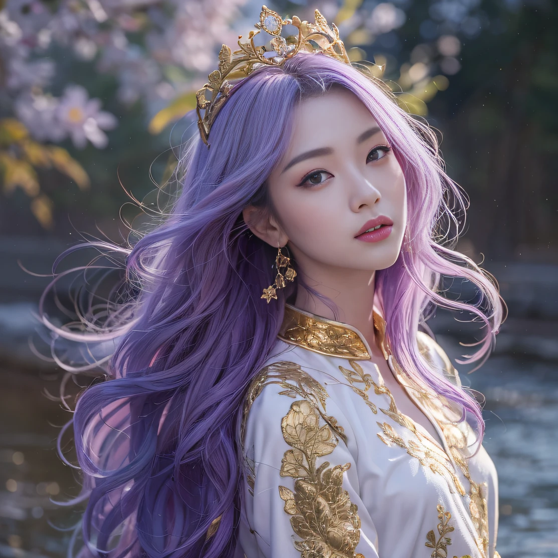 Genki Girl 32K（tmasterpiece，k hd，hyper HD，32K）Long flowing bright purple hair，Autumn Pond，zydink， a color， Asian people （Genki girl）， （Silk scarf）， Combat posture， looking at the ground， long whitr hair， Floating bright purple， Fire cloud pattern gold tiara， Chinese long-sleeved gold silk garment， （Abstract metaverse splash：1.2）， white backgrounid，Lotus vitality protector（realisticlying：1.4），Bright purple hair，Smoke on the road，The background is pure， A high resolution， the detail， RAW photogr， Sharp Re， Nikon D850 Film Stock Photo by Jefferies Lee 4 Kodak Portra 400 Camera F1.6 shots, Rich colors, ultra-realistic vivid textures, Dramatic lighting, Unreal Engine Art Station Trend, cinestir 800，A girl with long flowing bright purple hair