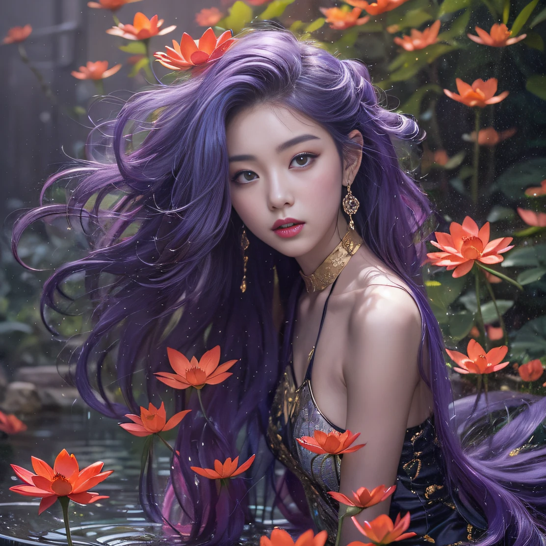Genki Girl 32K（tmasterpiece，k hd，hyper HD，32K）Long flowing bright purple hair，Autumn Pond，zydink， a color， Asian people （Genki girl）， （Silk scarf）， Combat posture， looking at the ground， long whitr hair， Floating bright purple， Fire cloud pattern gold tiara， Chinese long-sleeved gold silk garment， （Abstract metaverse splash：1.2）， white backgrounid，Lotus vitality protector（realisticlying：1.4），Bright purple hair，Smoke on the road，The background is pure， A high resolution， the detail， RAW photogr， Sharp Re， Nikon D850 Film Stock Photo by Jefferies Lee 4 Kodak Portra 400 Camera F1.6 shots, Rich colors, ultra-realistic vivid textures, Dramatic lighting, Unreal Engine Art Station Trend, cinestir 800，A girl with long flowing bright purple hair