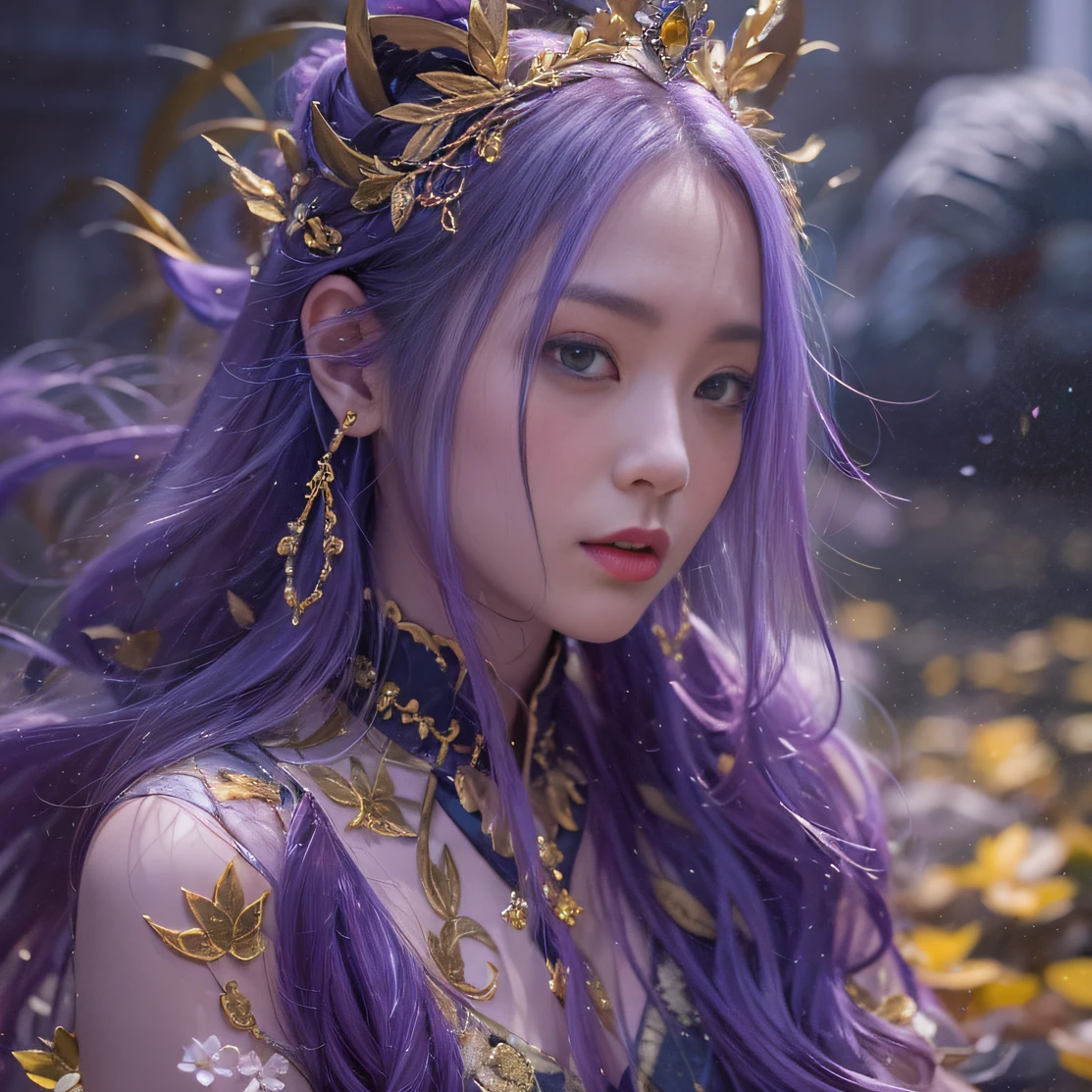 Genki Girl 32K(tmasterpiece,k hd,hyper HD,32K)Long flowing bright purple hair,Autumn Pond,zydink, a color, Asian people (Genki girl), (Silk scarf), Combat posture, looking at the ground, long whitr hair, Floating bright purple, Fire cloud pattern gold tiara, Chinese long-sleeved gold silk garment, (Abstract metaverse splash:1.2), white backgrounid,Lotus vitality protector(realisticlying:1.4),Bright purple hair,Smoke on the road,The background is pure, A high resolution, the detail, RAW photogr, Sharp Re, Nikon D850 Film Stock Photo by Jefferies Lee 4 Kodak Portra 400 Camera F1.6 shots, Rich colors, ultra-realistic vivid textures, Dramatic lighting, Unreal Engine Art Station Trend, cinestir 800,A girl with long flowing bright purple hair