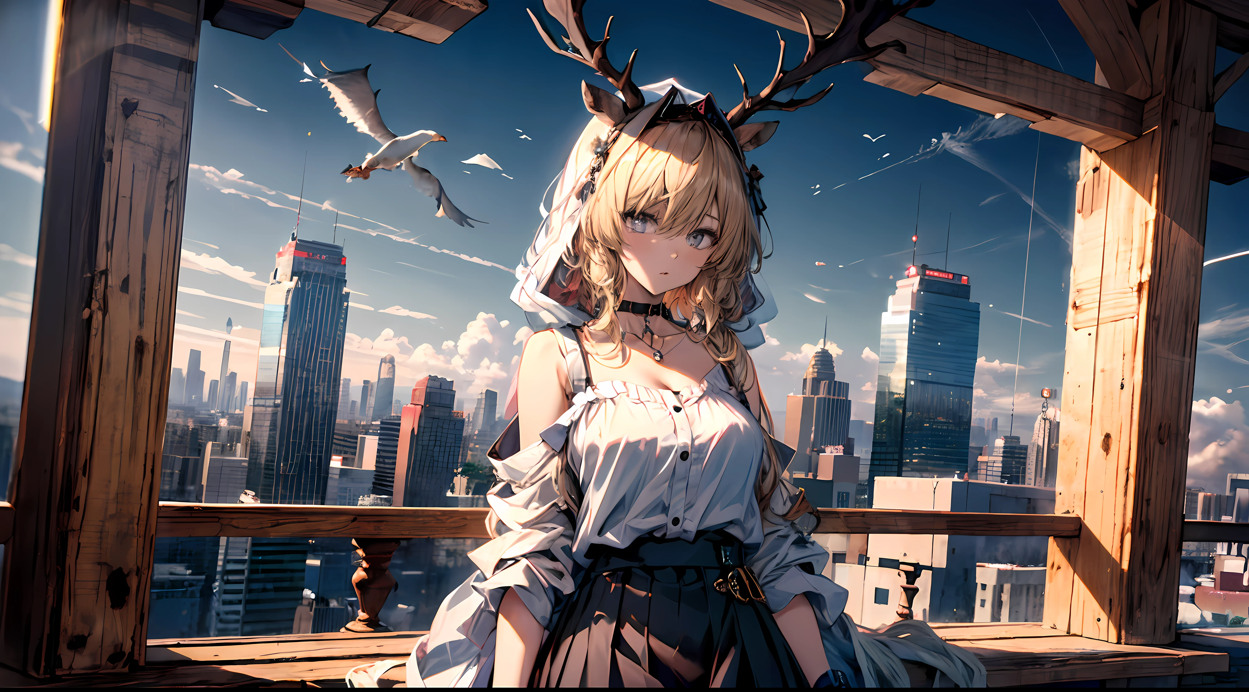 (((Masterpiece))),(incredibly_absurderes),(Best quality),(A high resolution),(Highly detailed),((CG unity 8k wallpaper)),Best quality at best,tmasterpiece,1girll,blond hairbl,messy hair,curly_Hair,The shirt,a skirt,kawai,JK,Red_bow,Wrist watch,choker necklace,view over city,Original photo of 8K,超高分辨率,highest details,复杂,8K,hdr,