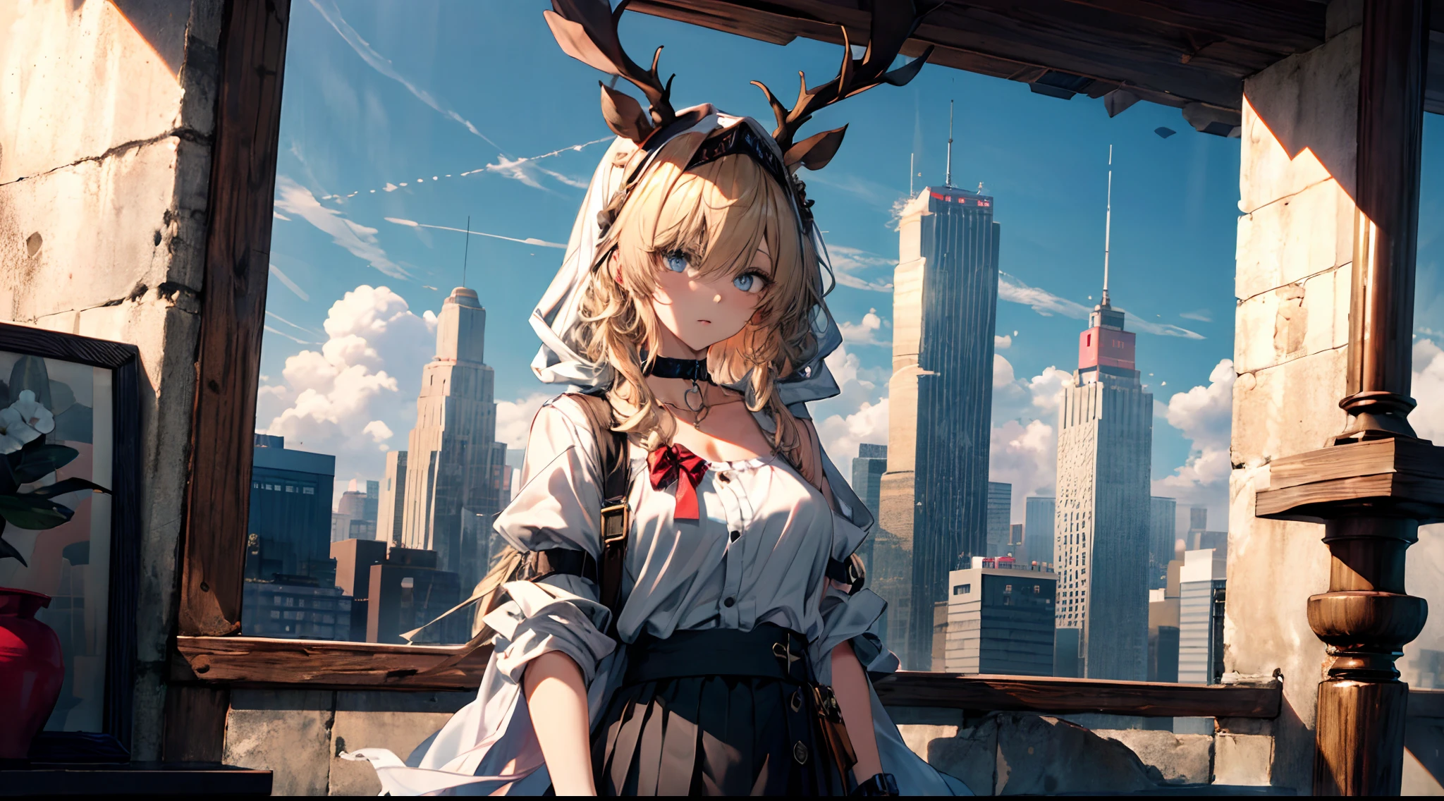 (((Masterpiece))),(incredibly_absurderes),(Best quality),(A high resolution),(Highly detailed),((CG unity 8k wallpaper)),Best quality at best,tmasterpiece,1girll,blond hairbl,messy hair,curly_Hair,The shirt,a skirt,kawai,JK,Red_bow,Wrist watch,choker necklace,view over city,Original photo of 8K,超高分辨率,highest details,复杂,8K,hdr,