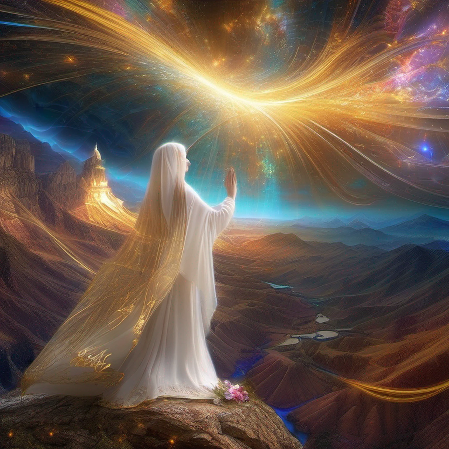 (masterpiece, top quality, best quality, official art, beautiful and aesthetic:1.2), (1girl), extreme detailed, (fractal art:1.3), colorful, highest detailed, perfect face, upper body, HDR, (praying:1.3), (white cloak golden lines:1.2), galaxy, (light streaks), striking visuals, (dynamic streaks, luminous trails:1.2), vibrant colors,