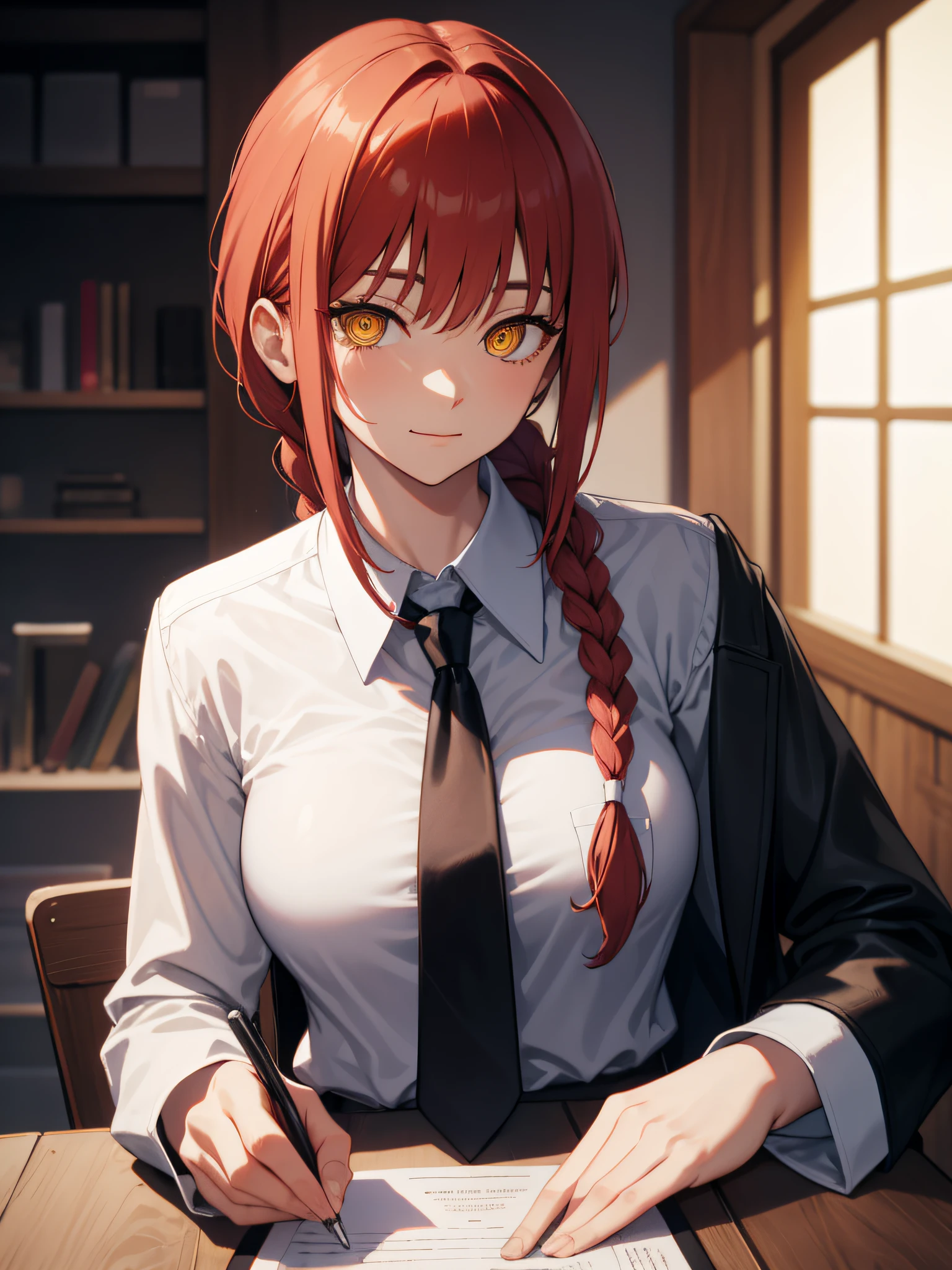 makima, makima, long hair, smile, closed mouth bangs, medium breasts, (yellow eyes:1.2), braid, red hair, braided ponytail, ringed eyes, BREAK shirt, long sleeves, jacket, white shirt, upper shirt button off, cleavage, sitting on table, above angle, loose necktie, collared shirt, pants, black jacket, black blazer, black pants, formal, suit, loose black necktie, shirt tucked in, office lady, BREAK indoors, office, BREAK looking at viewer, BREAK (masterpiece:1.2), best quality, high resolution, unity 8k wallpaper, (illustration:0.8), (beautiful detailed eyes:1.6), extremely detailed face, perfect lighting, extremely detailed CG, (perfect hands, perfect anatomy),