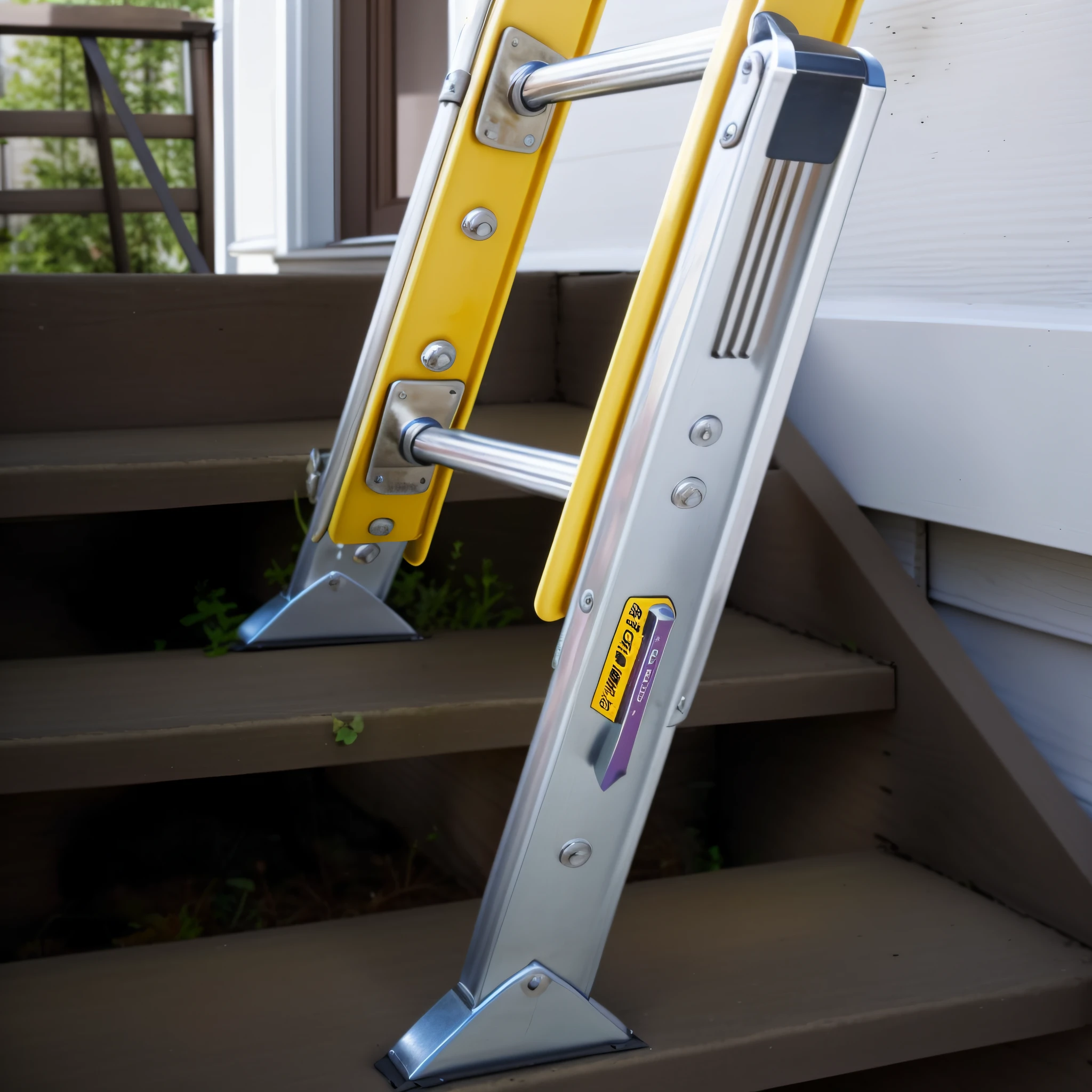 arafed ladder on the steps of a house with a ladder attached, ladder, ladders, standing on a ladder, external staircases, closeup photograph, close up photo, closeup photo, up close image, close up image, parody, outdoor staircase, eye level view, up close picture, hyper, a close-up, closeup, close - up photo